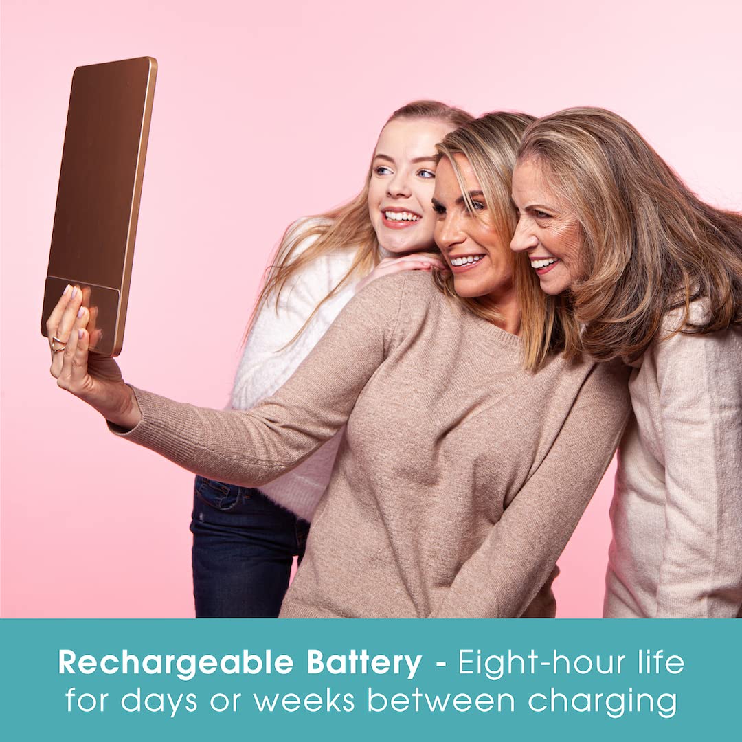 Glamcor Riki Skinny Smart Vanity Mirror with HD LEDs, Magnifying Mirror Attachment, Phone Holder and Bluetooth Control (Champagne Gold, 5X Magnification)