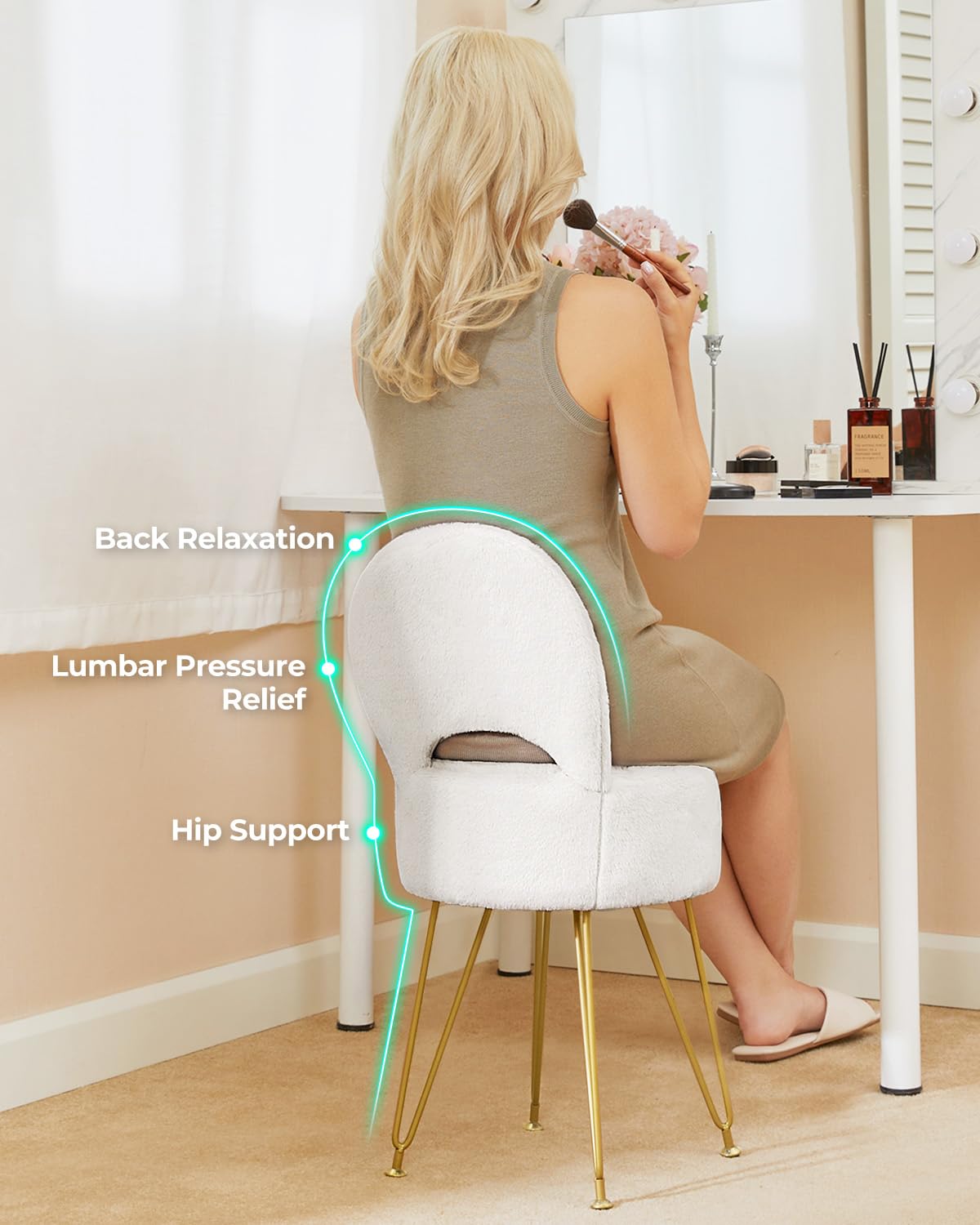 Greenstell Vanity Stool with Foldable Back, Vanity Chair with Storage, 13" Dx 27.7" H Faux Fur Soft Ottoman, 4 Metal Legs with Anti-Slip Feet, Small Furry Padded Seat for Makeup, Bedroom, White