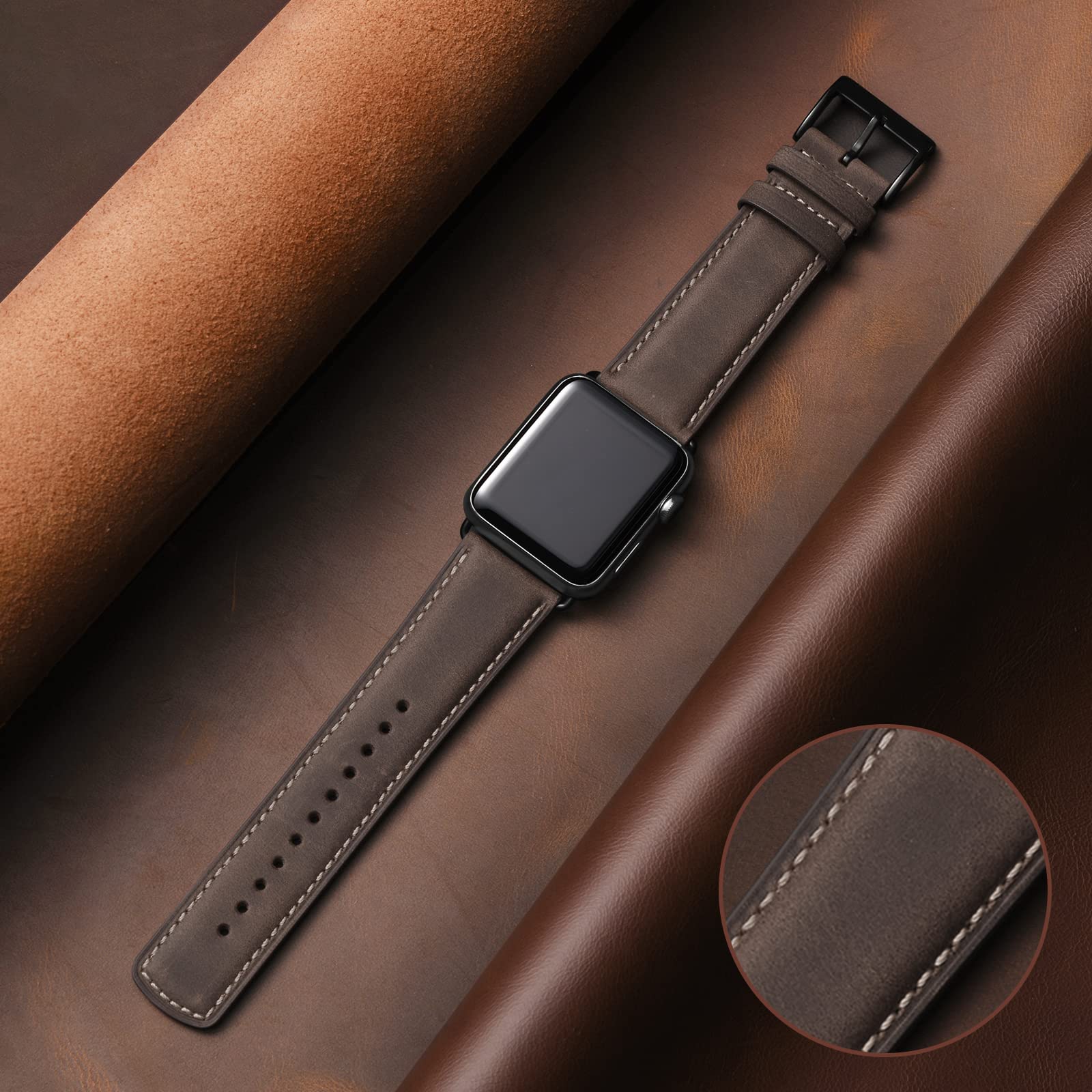 Bestig Compatible with Apple Watch Band 49mm 46mm 45mm 44mm 42mm(Series 3 2 1) Apple Watch Leather Bands Genuine Leather for iWatch Strap Ultra Series 10 9 8 7 6 5 4 SE Women Man-Redbrown/Black