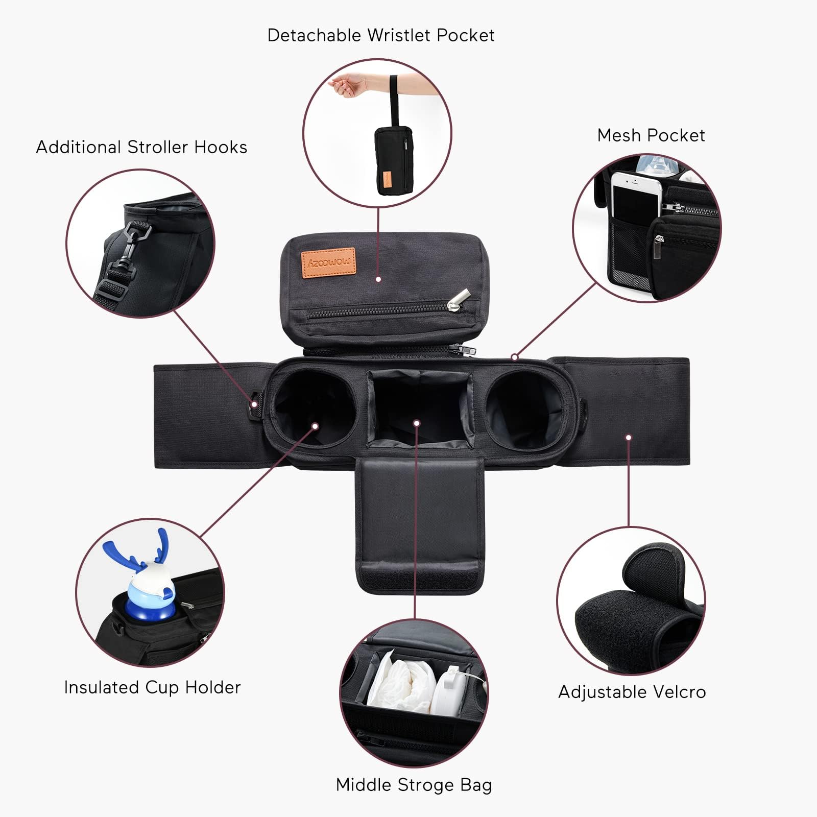 Momcozy Universal Baby Stroller Organizer, 2 Insulated Cup Holder, Detachable Zippered Pocket, Adjustable Shoulder Strap, Large capacity for baby essentials, Compact Design Fits Any Strollers