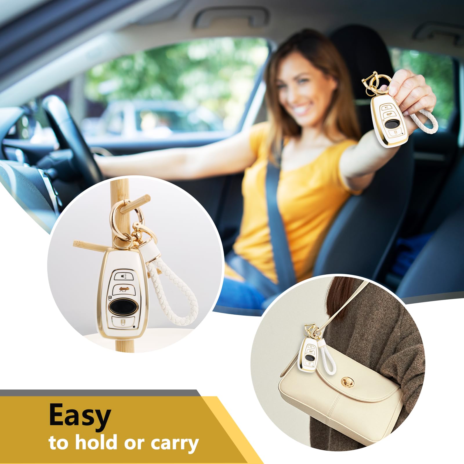 Cadillac Key Fob Cover with Metal Braided Rope Keychain, Upgraded Soft Key Case for 2015-2019 Escalade CTS SRX XT5 ATS STS CT6 (5 Button) (Gold Edge)