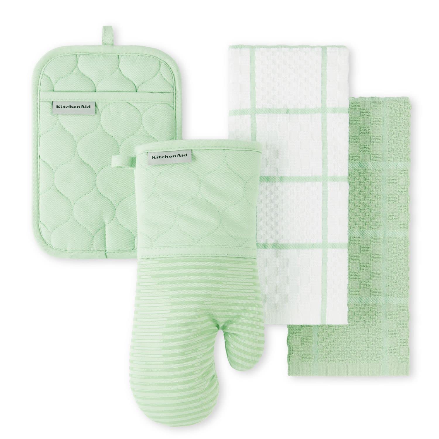 KITCHENAID Quilted Cotton Terry Cloth Oven Mitt, Pot Holder, Kitchen Towel 4-Pack Set, Heat Resistant, Silicone Grip, Gift Set, Milkshake, 16"x26", 7"x13" & 7"x10"