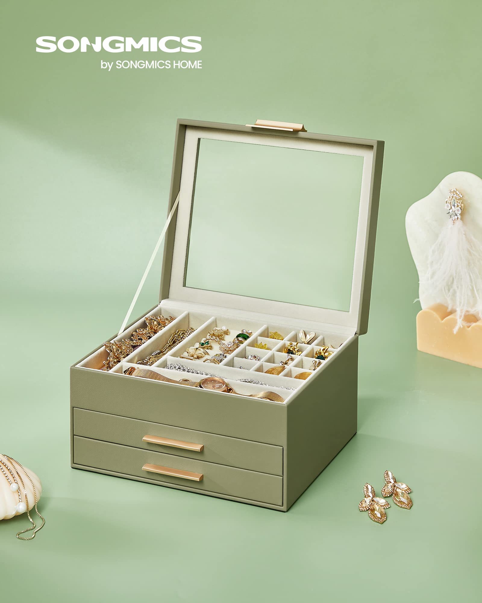 SONGMICS Jewelry Box with Glass Lid, 3-Layer Jewelry Organizer, 2 Drawers, for Big and Small Jewelry, Jewelry Storage, Modern Style, 8 x 9.1 x 5.3 Inches, Cloud White and Gold Color UJBC239WT