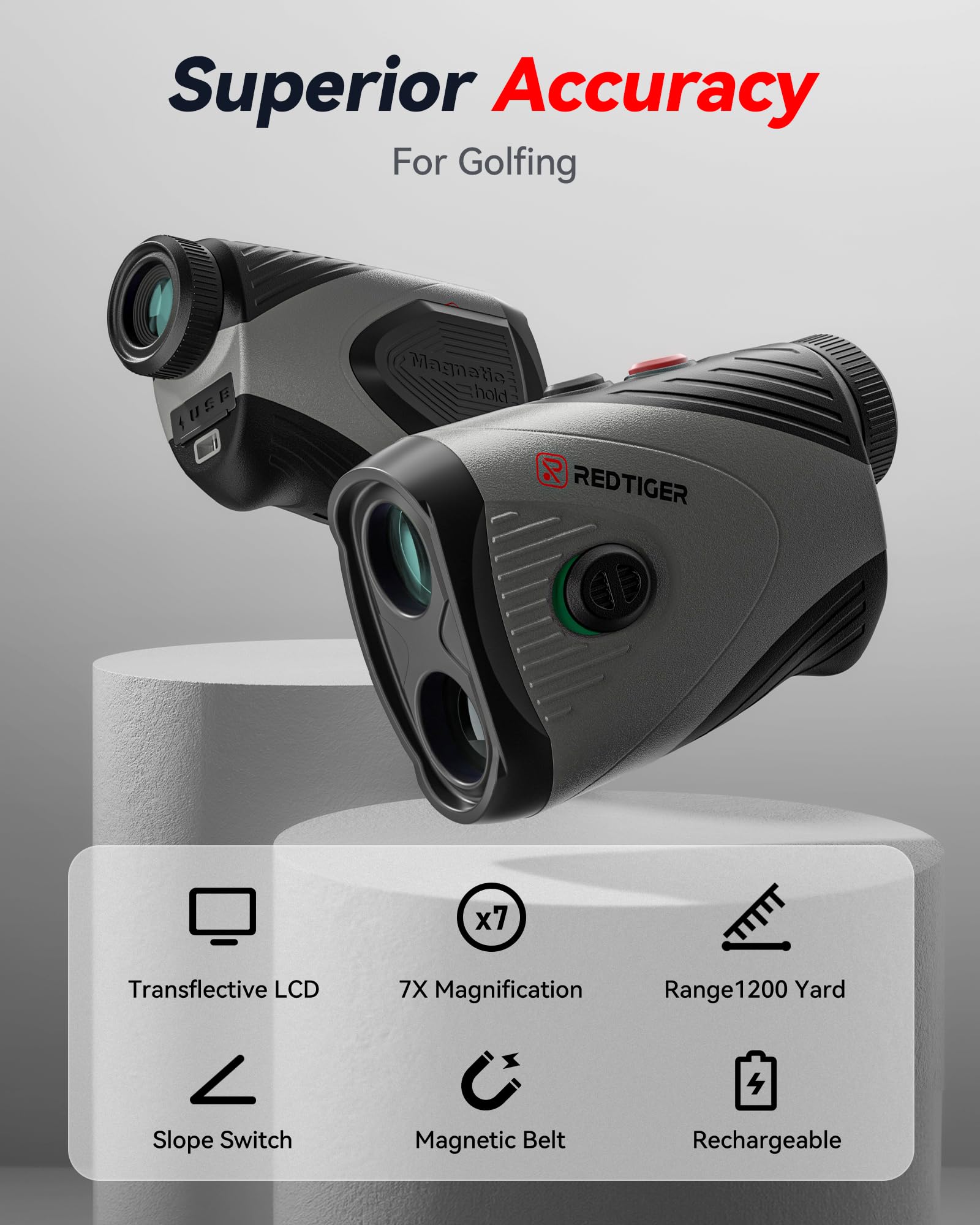 REDTIGER Golf Rangefinder with Slope, 1200 Yards Laser Range Finder Golfing, 7X Magnification, Flag Pole Locking Vibration, Rechargeable Range Finders with Magnet Stripe
