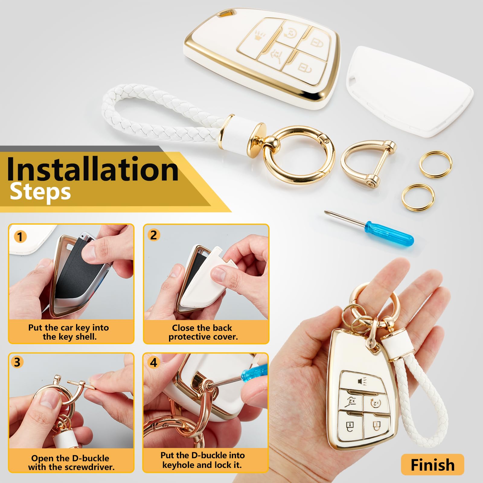 Cadillac Key Fob Cover with Metal Braided Rope Keychain, Upgraded Soft Key Case for 2015-2019 Escalade CTS SRX XT5 ATS STS CT6 (5 Button) (Gold Edge)