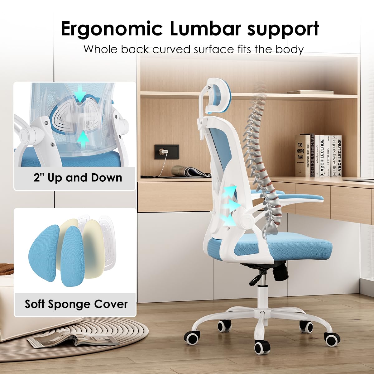 Farini Ergonomic Office Chair, Home Office Desk Chair with Headrest, High Back Computer Chair with Flip-up Armrests and Adjustable Lumbar Support for Home Office Study Bedroom, Khaki.