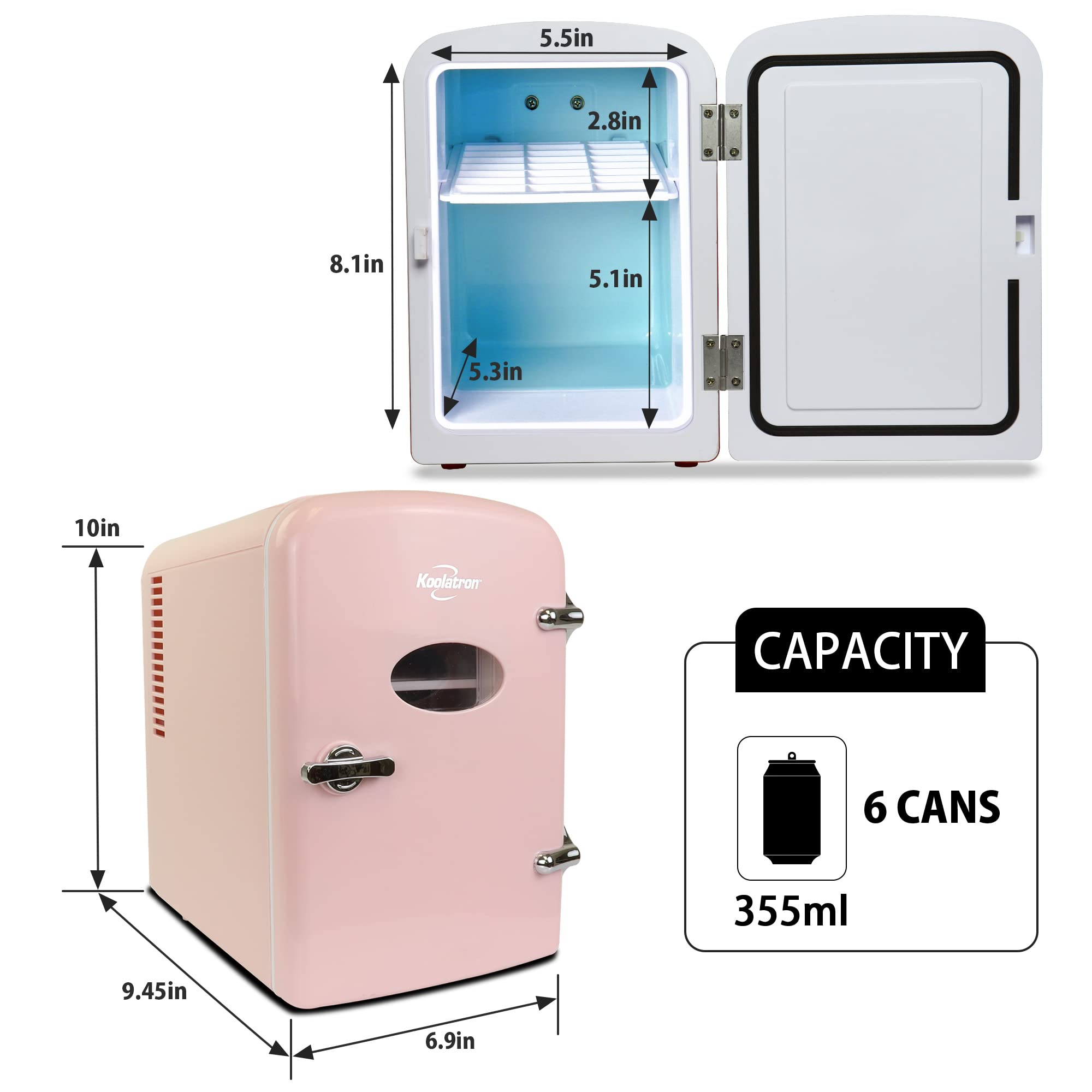 Koolatron Retro Mini Portable Fridge, 4L Compact Refrigerator for Skincare, Beauty Serum, Face Mask, Personal Cooler, Includes 12V Car Adapter, Desktop Accessory for Home Office Dorm Travel, Pink
