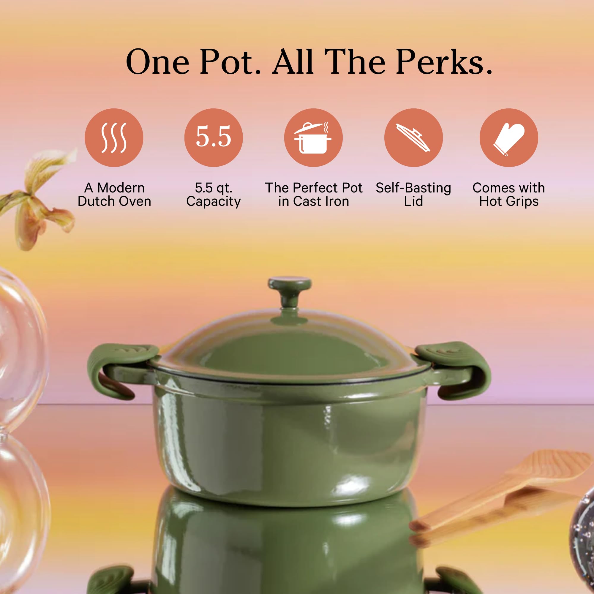 Our Place Cast Iron Perfect Pot | 6-in-1 Multifunctional 5.5 Qt. Toxin-Free Enameled Dutch Oven with Self-Basting Lid | Hot Grips & Beechwood Scraper | Induction Cooktop and Oven Safe | Spice
