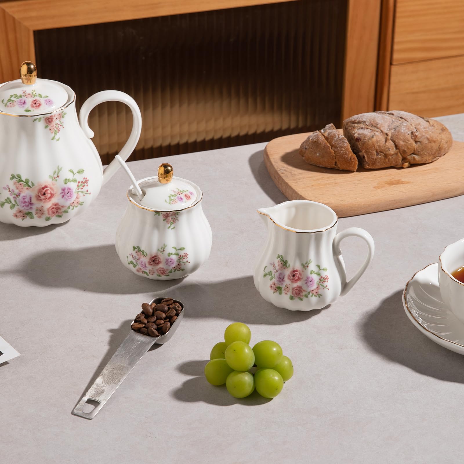 Sweejar Royal Ceramic Sugar and Creamer Set, 3 Piece Set with Cream Pitcher, Sugar Bowl, Sugar Set with Lid & Spoon, Coffee Serving Set Wedding Gift(White)