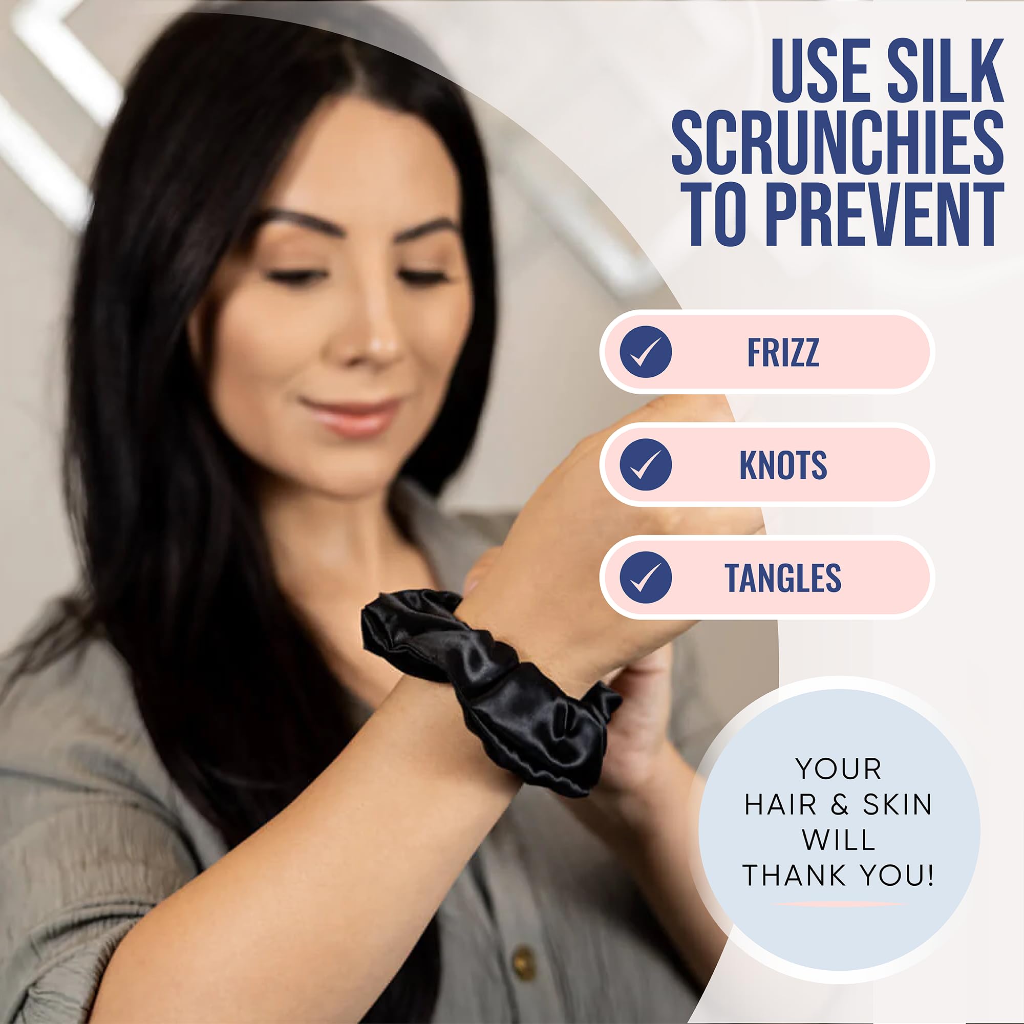 Blissy Silk Scrunchies (3 Pack) - 100% Pure Mulberry Silk - 22 Momme 6A High-Grade Fibers - Silk Scrunchie for Straight & Curly Hair - Preventing Breakage, Tangling, & Creasing (Rose Skinny)