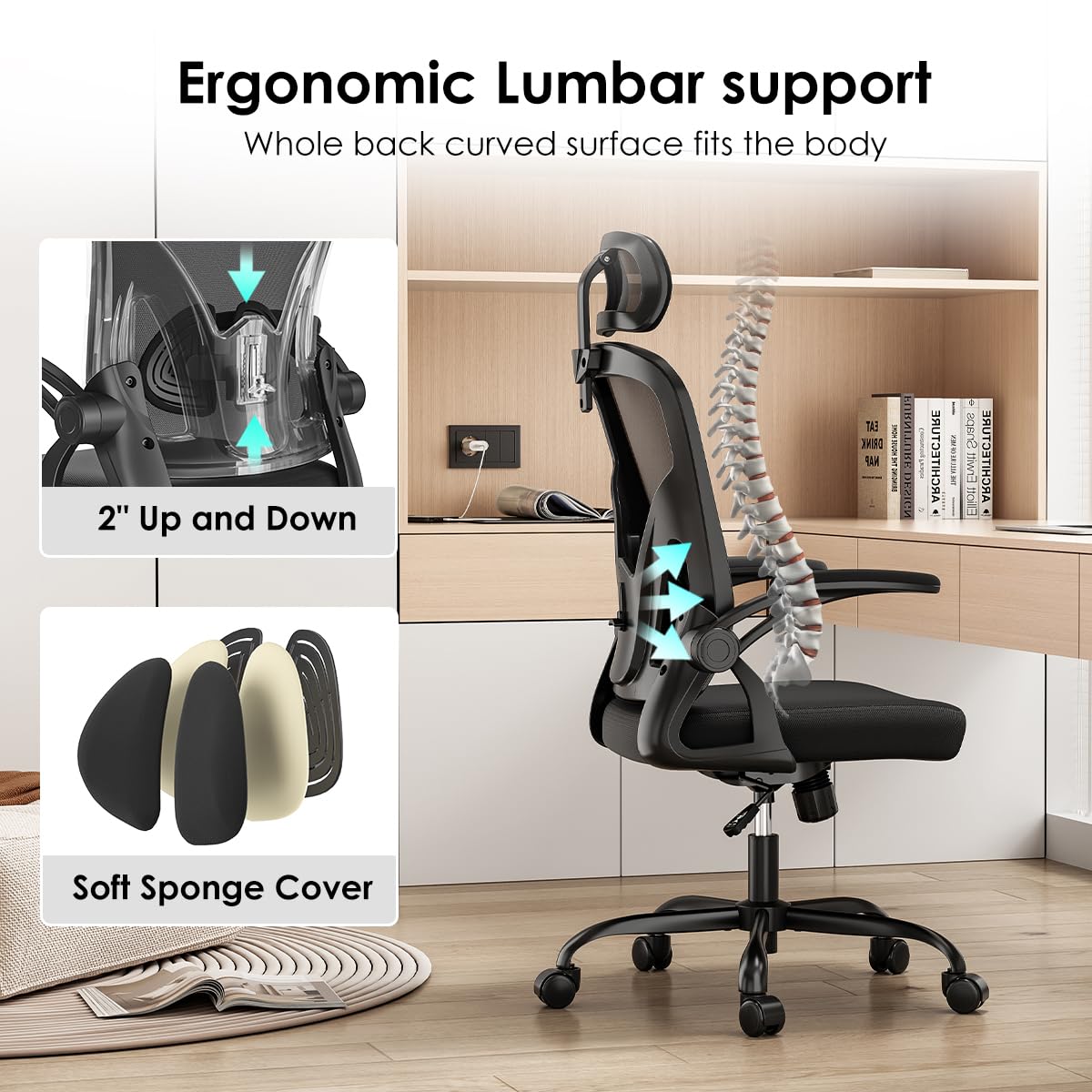 Farini Ergonomic Office Chair, Home Office Desk Chair with Headrest, High Back Computer Chair with Flip-up Armrests and Adjustable Lumbar Support for Home Office Study Bedroom, Khaki.