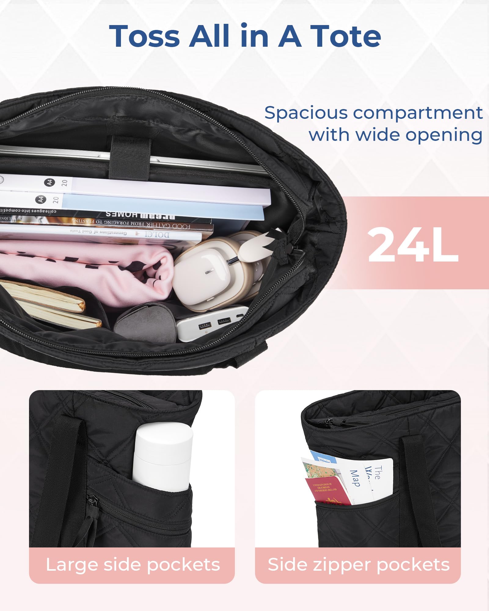 BAGSMART Tote Bag for Women, Puffer Tote Bags with Zipper, Travel Essentials Quilted Nurse Bag Carry On Bag Gifts for Women