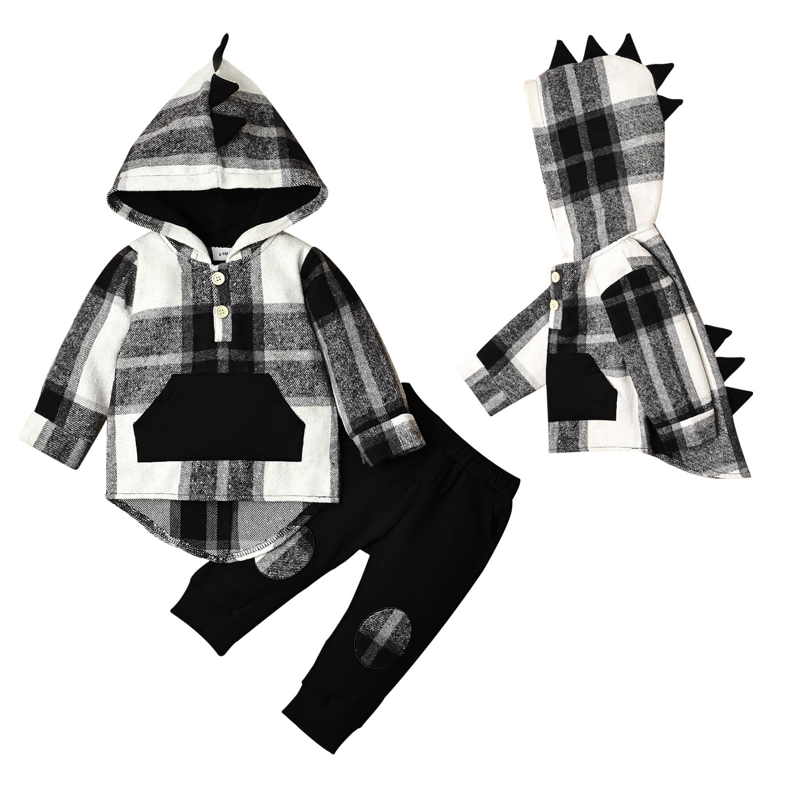 Toddler Baby Boy Clothes Long Sleeve Dinosaur Plaid Hoodie Sweatshirt + Pocket Pants Set 6 Months-4 Years