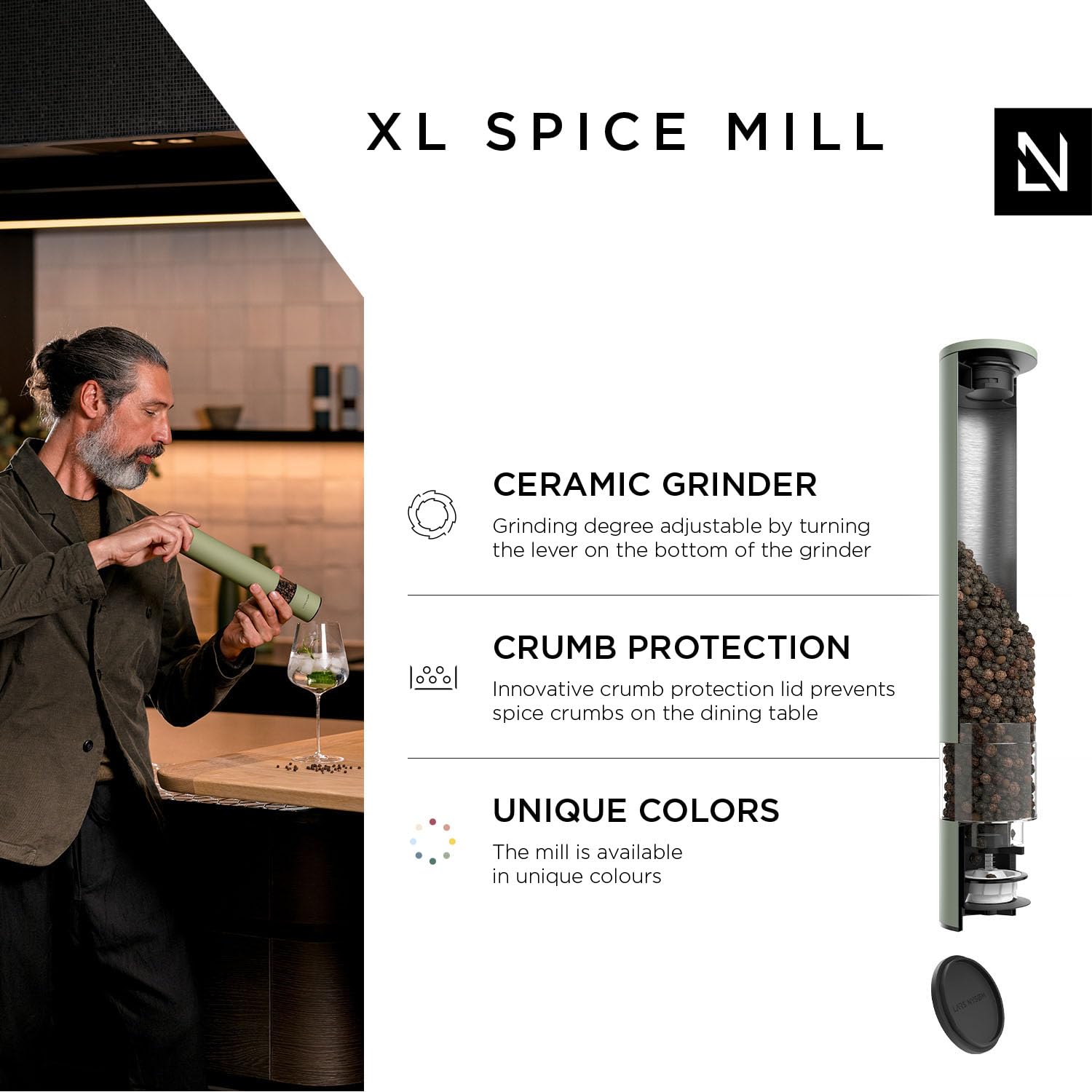 LARS NYSØM Salt and Pepper Mills Set Stainless Steel with Adjustable Ceramic Grinder 2 Pieces I Design Spice Mills Set Manual (Brown/Beige)