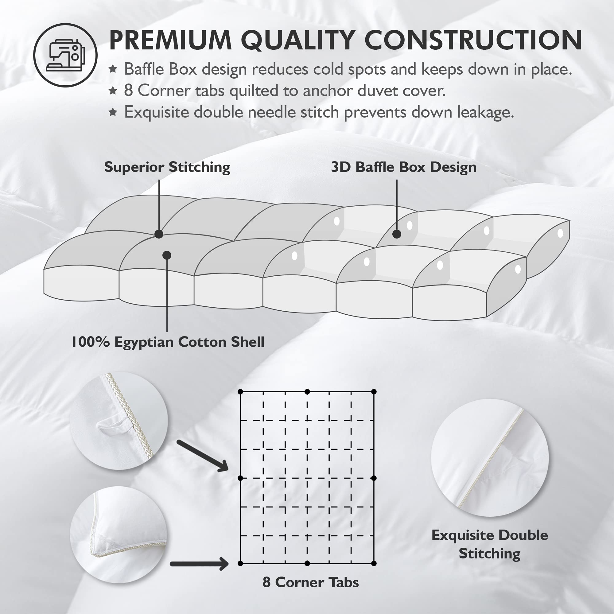 Luxurious Queen Size Goose Down Fiber Waterfowl Feather Fiber Comforter Duvet, 100% Egyptian Cotton Cover, 48 oz. Fill Weight, Baffle Box Design, White Solid