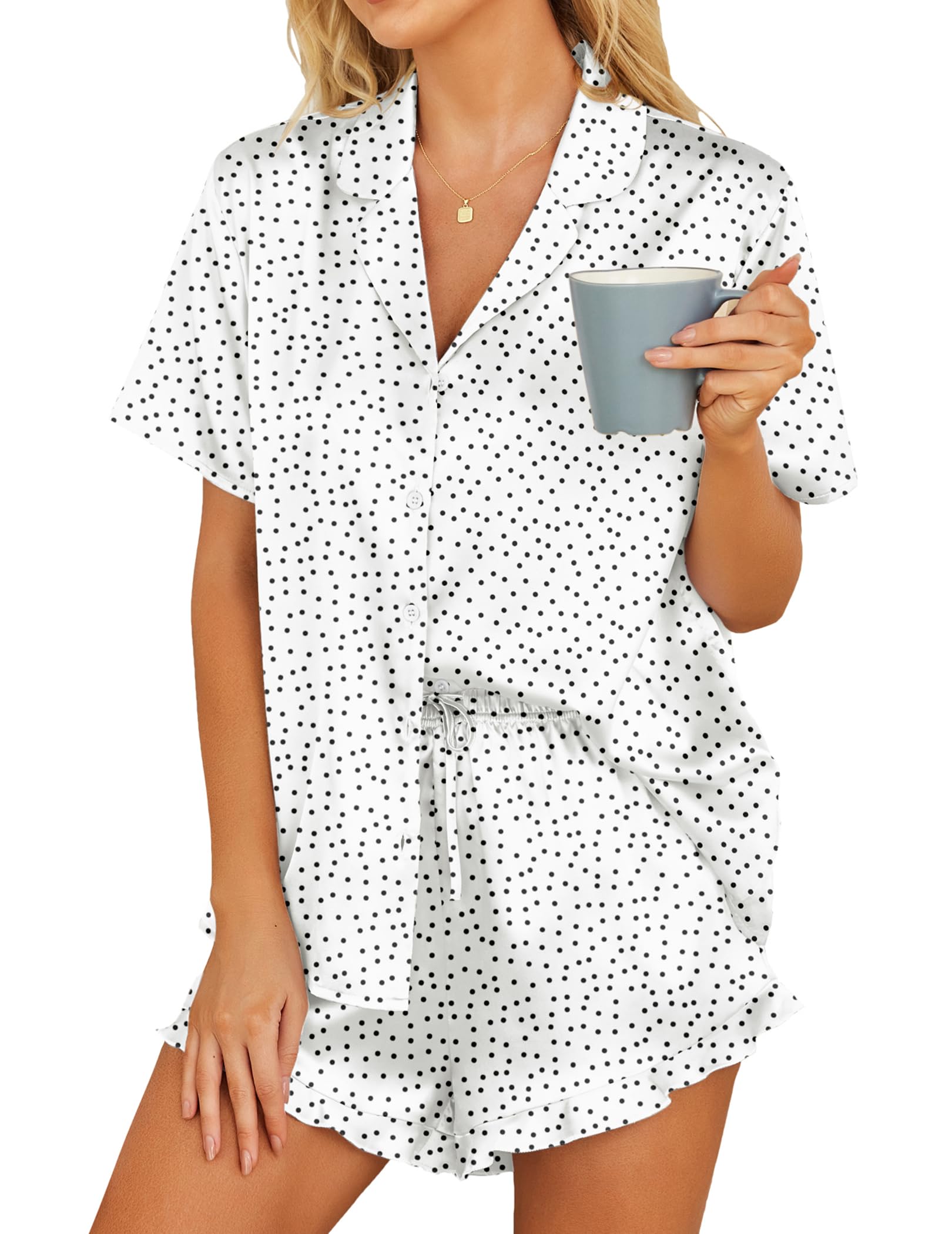 HOTOUCH Womens Satin Pajamas Set Button Down 2 Piece Silk Pjs Shorts Set Ruffle Lingerie Notch Collar Sleepwear