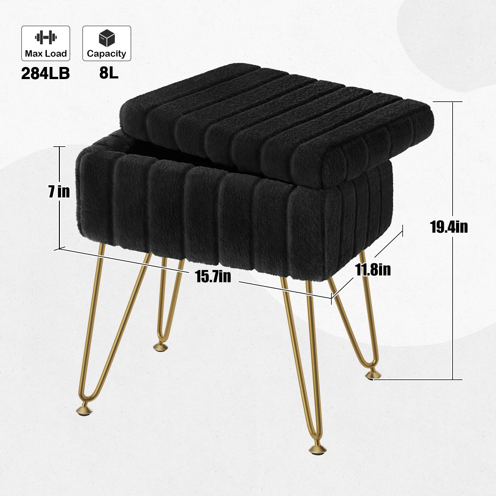 Greenstell Vanity Stool Chair Faux Fur with Storage, 19.4" H x 15.7" L x 11.8" W Soft Ottoman 4 Metal Legs with Anti-Slip Feet, Furry Padded Seat, Modern Multifunctional Chairs for Makeup, Bedroom