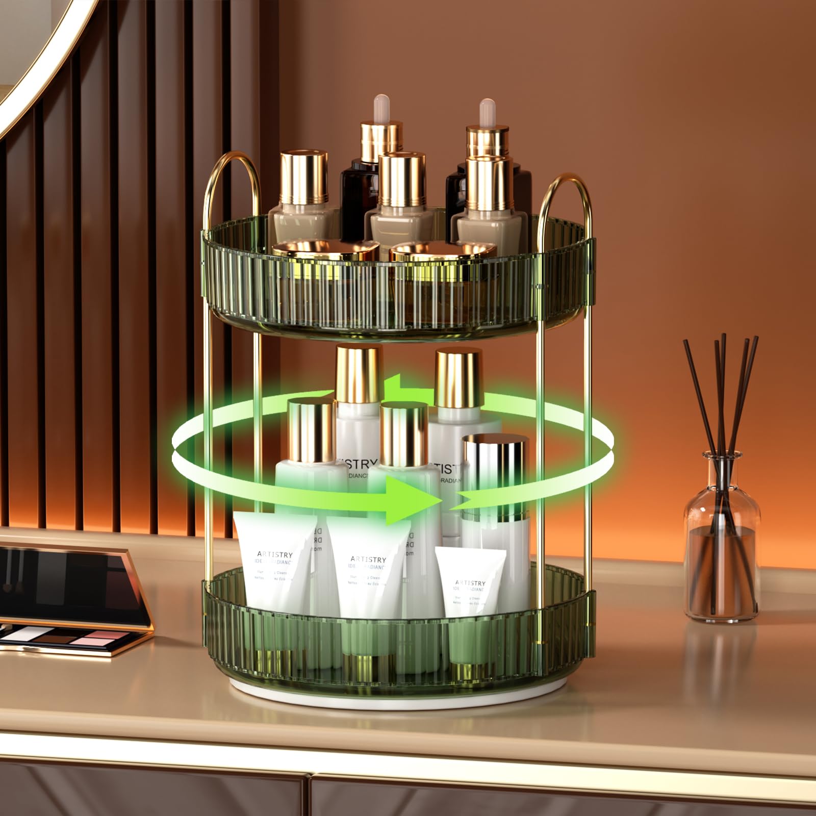 YCIA&DONE 360 Rotating Makeup Organizer and Storage for Vanity Bathroom Countertop, High Capacity Cosmetic Skincare Perfume Organizer for Dresser Lazy Susan Organizers(Clear White,2 Tiers)