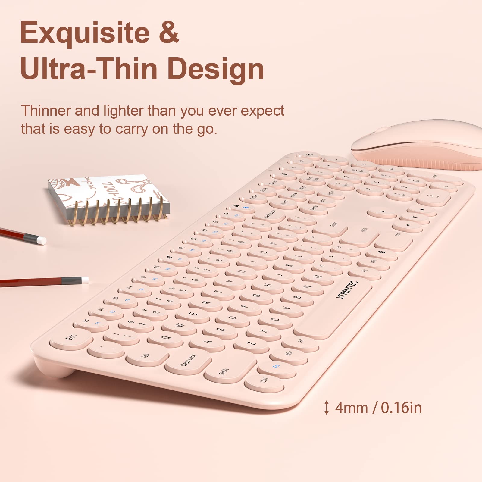 Wireless Keyboard and Mouse, XTREMTEC Cute Keyboard Retro Round Keycap - 2.4GHz Ultra-Slim Quiet Aesthetic Keyboard for Mac Computer Laptop PC Desktops (Rosegold)