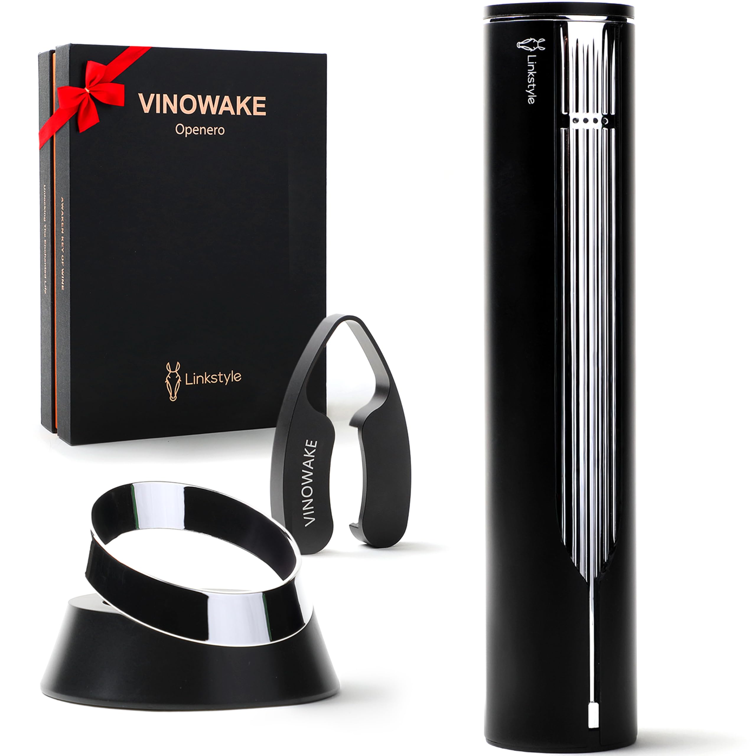 LINKSTYLE OPENERO Electric Wine Bottle Opener, Luxury Automatic Wine Corkscrew with Foil Cutter and Charging Base, Premium Metals with Elegant Gift Box, Home Bar Accessories for Wine Lovers, Gold