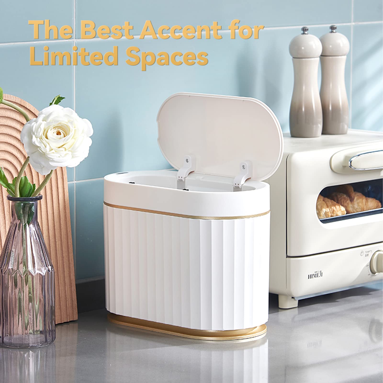 ELPHECO Mini Desktop Trash Can with Lid, Small Slim Automatic Garbage Can, 1.3 Gallon Motion Sensor Countertop Waste Basket for Bedroom, Office, Bathroom, White with Grey Trim