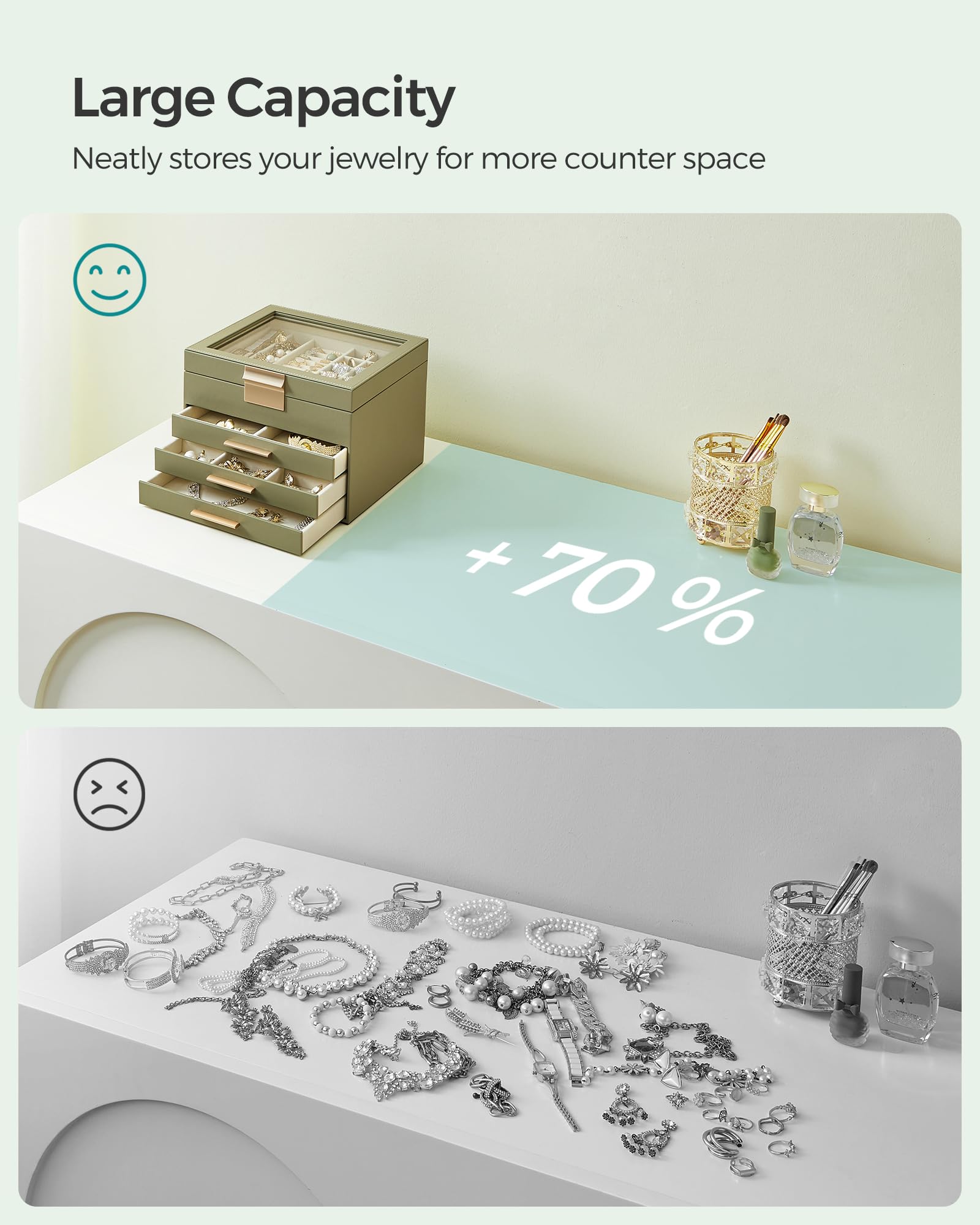 SONGMICS Jewelry Box with Glass Lid, 3-Layer Jewelry Organizer, 2 Drawers, for Big and Small Jewelry, Jewelry Storage, Modern Style, 8 x 9.1 x 5.3 Inches, Cloud White and Gold Color UJBC239WT