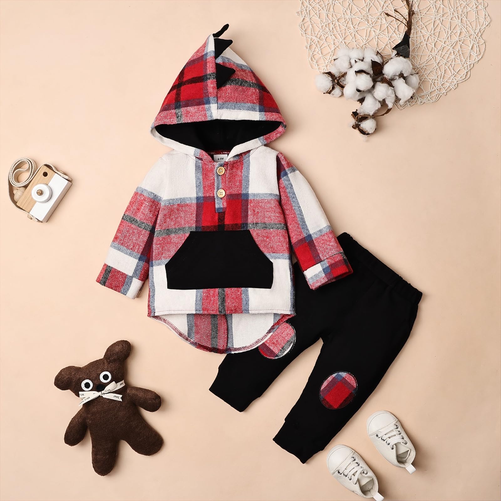 Toddler Baby Boy Clothes Long Sleeve Dinosaur Plaid Hoodie Sweatshirt + Pocket Pants Set 6 Months-4 Years