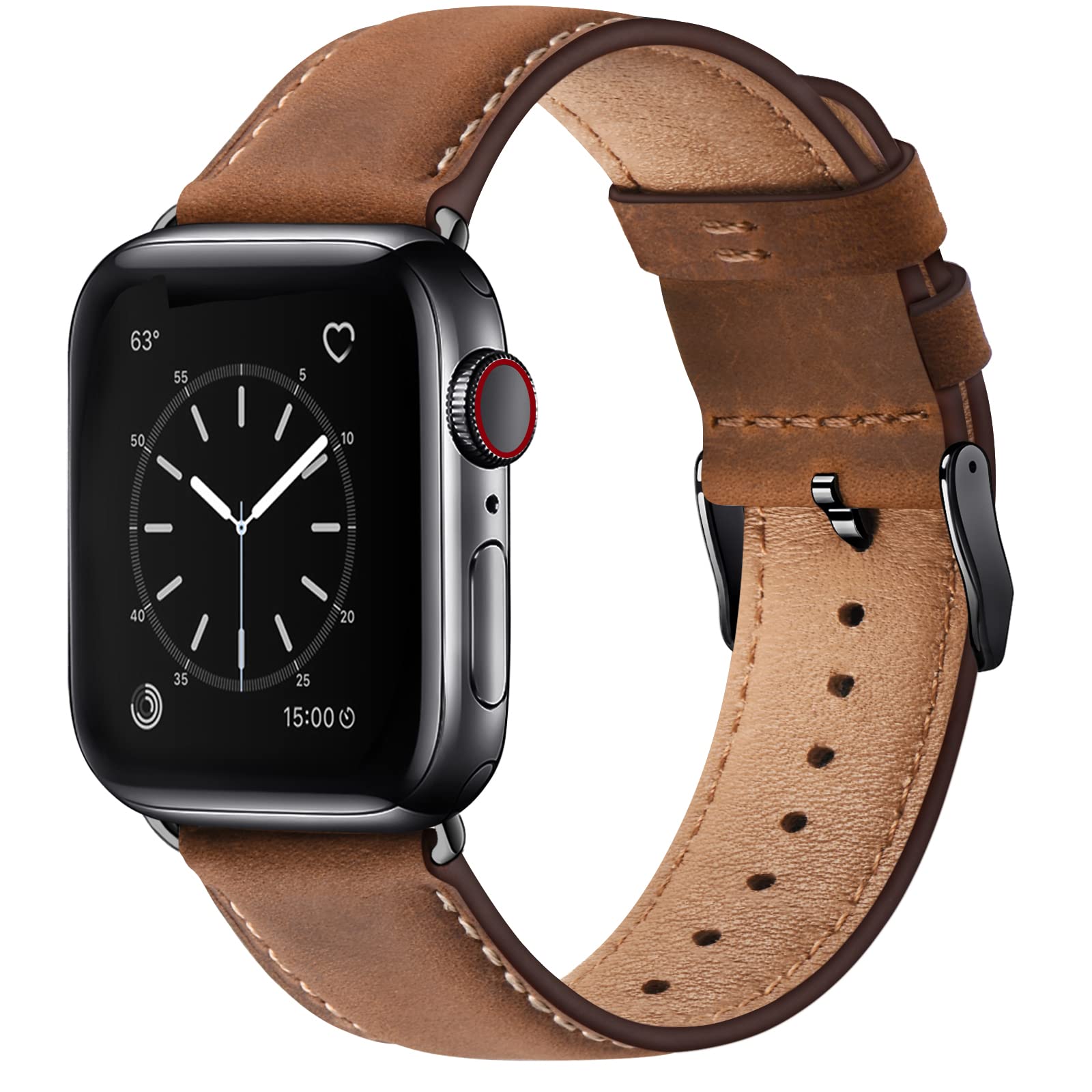 Bestig Compatible with Apple Watch Band 49mm 46mm 45mm 44mm 42mm(Series 3 2 1) Apple Watch Leather Bands Genuine Leather for iWatch Strap Ultra Series 10 9 8 7 6 5 4 SE Women Man-Redbrown/Black