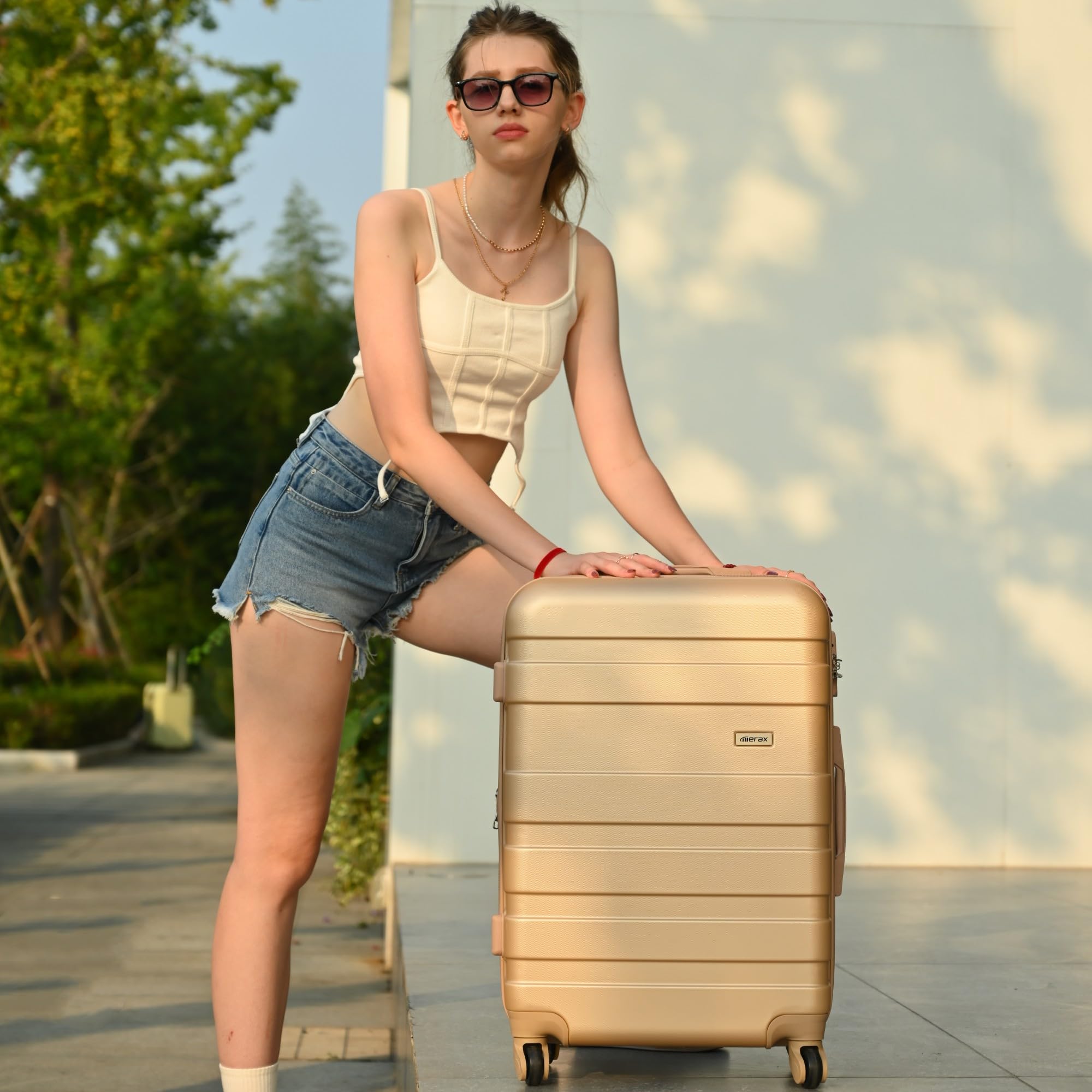 Merax 3 Pcs ABS Hardside Luggage Sets TSA Lock Spinner Wheel Suitcases, Pearly White, 20/24/28 Inch