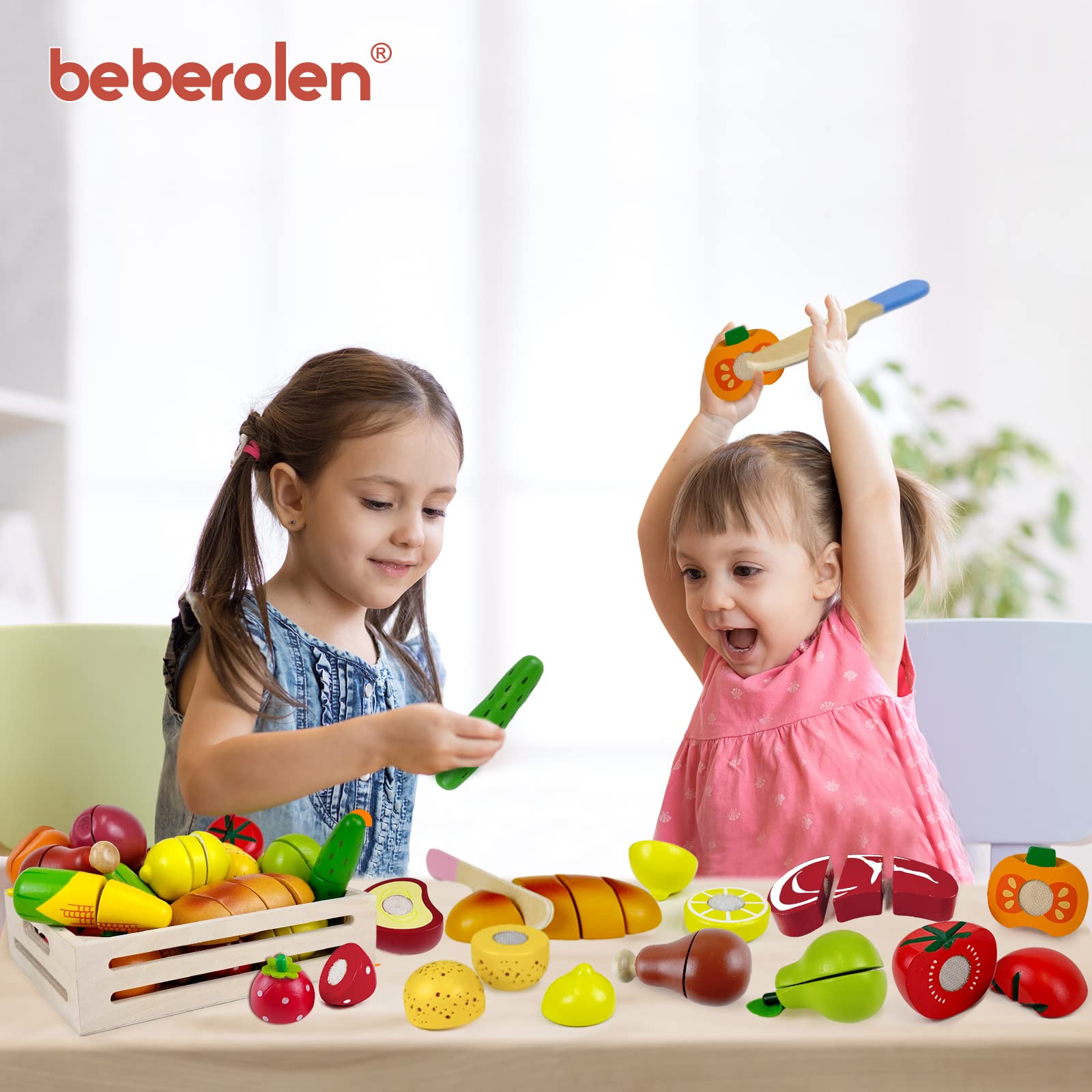 Beberolen Wooden Pizza Toy Play Food Set for Kids Pretend Play Kitchen Accessories Cutting Food Toys for 3 4 5 Years Old Toddlers Boys Girls