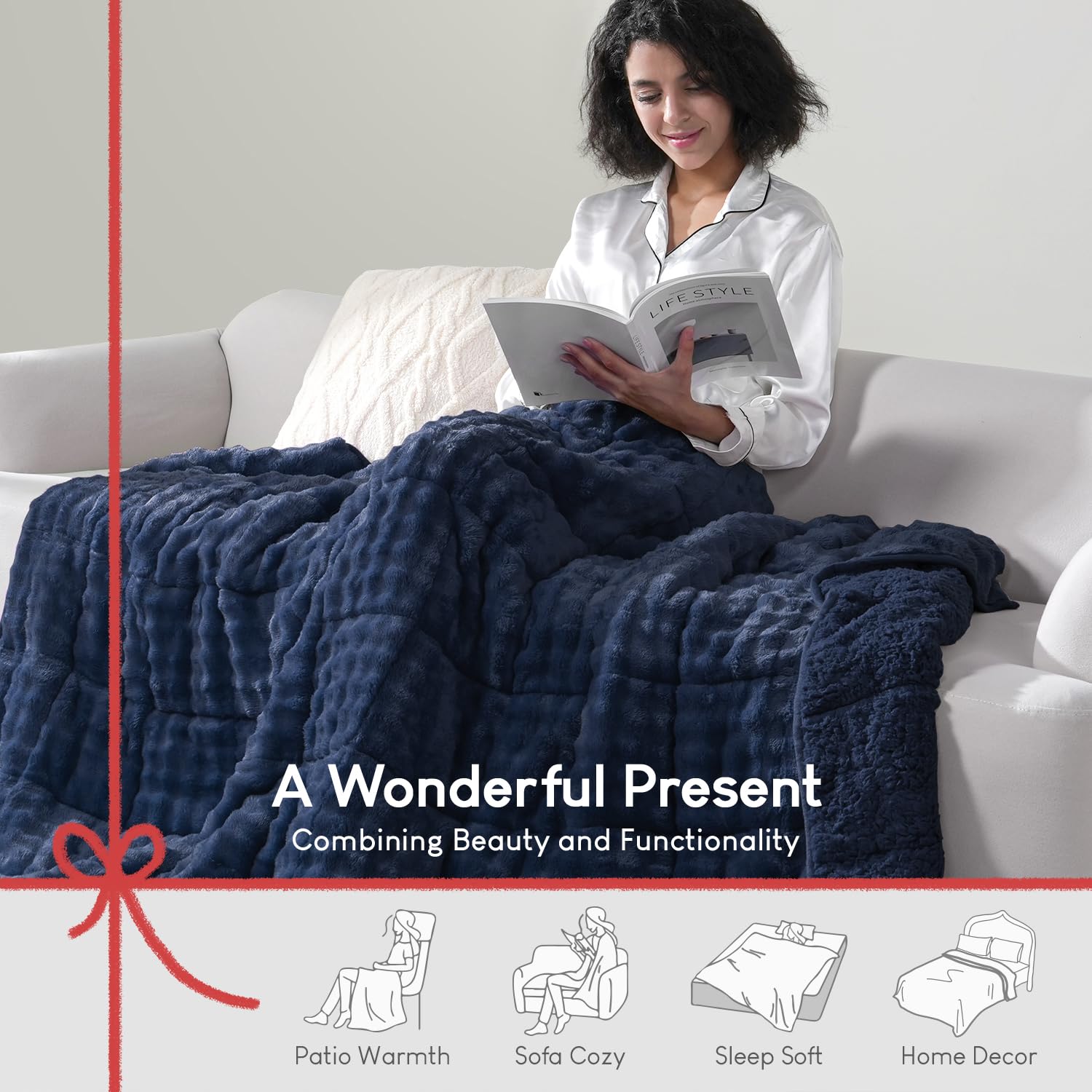 Cottonblue Weighted Blanket 15lbs Bubble Faux Fur Plush Sherpa Weighted Blankets for Adults, Fits Queen Size Bed, Cute Fuzzy Warm Heavy Blanket for Calm and Better Sleep, 60"x80", Cream White