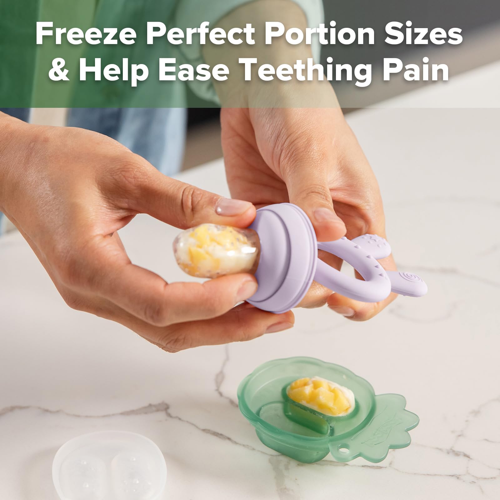 Haakaa Baby Fruit Food Feeder & Mini Freezer Nibble Tray Combo, Breastmilk Popsicle Molds for Cooling Relief, BPA Free Silicone Feeder for Safe Infant Self Feeding, 4 Month+ (Pea Green)