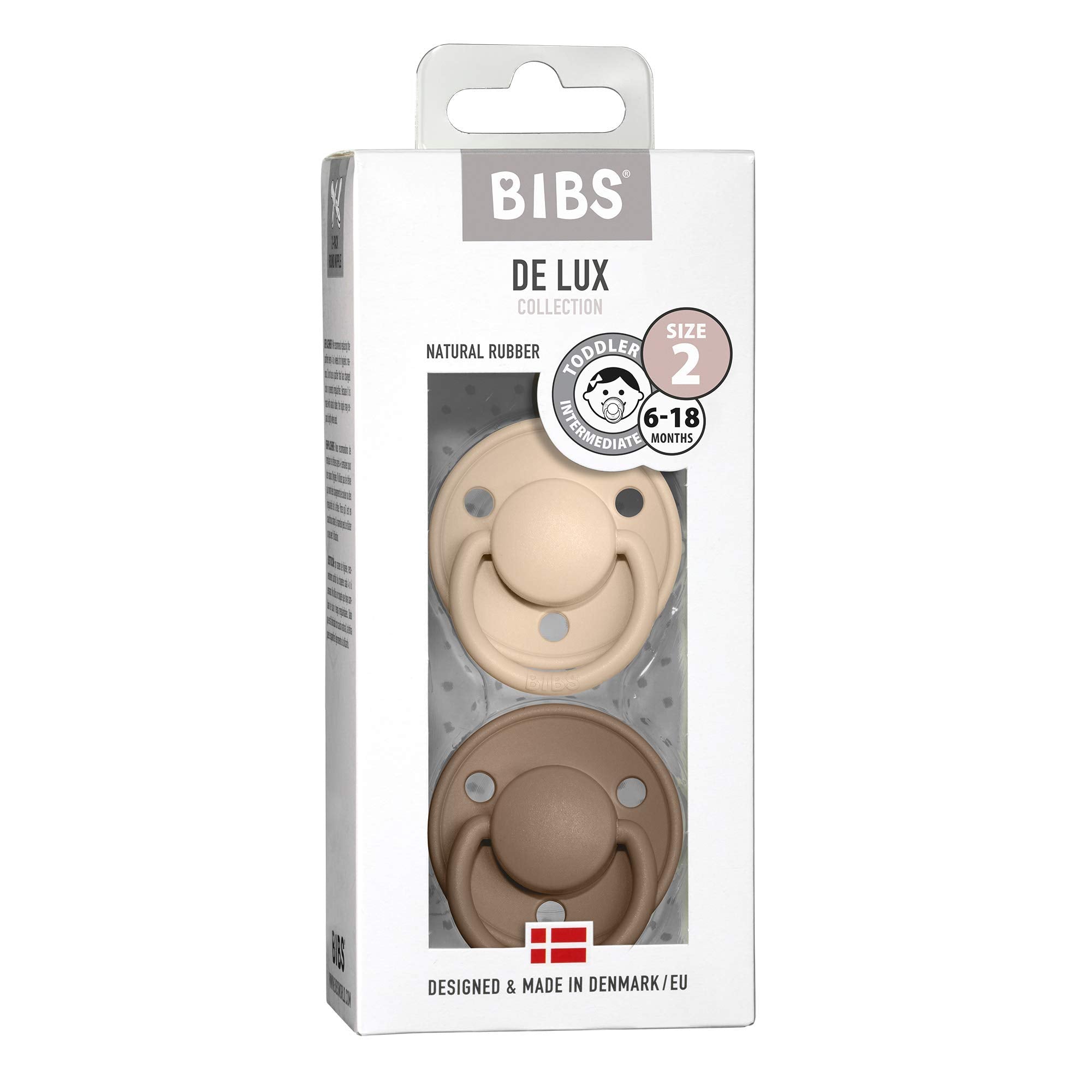 BIBS De Lux Baby Pacifier 2-Pack | Made in Denmark | BPA Free Dummy Soother, Round Nipple. Natural Rubber Latex, Size 2 (6-18 Months), Vanilla/Dark Oak