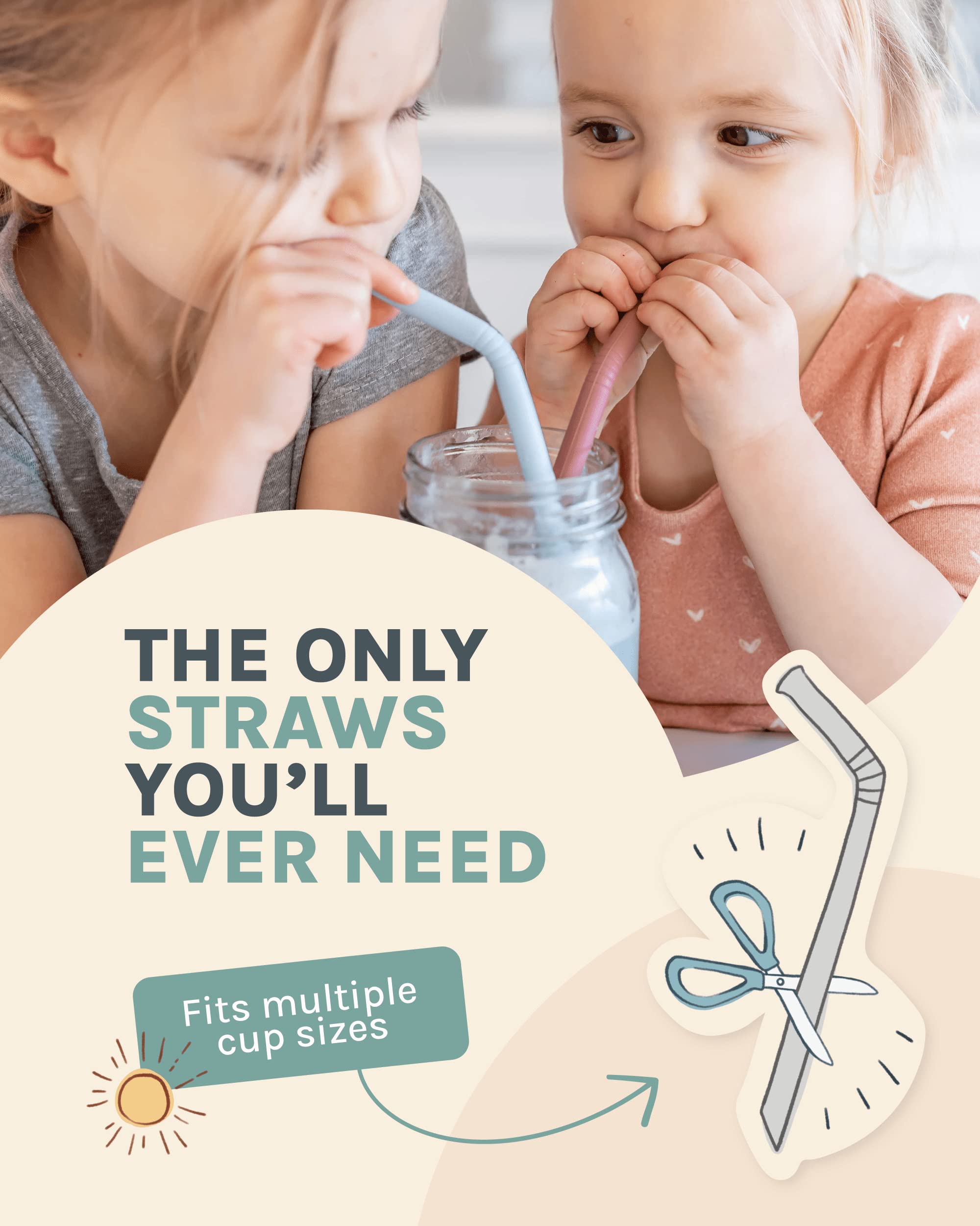 Silicone Straws - Reusable Drinking Straws w/Cleaning Brush - Long, Flexible and Bendy Straws For Tumblers and Cups - BPA Free, Food Grade Silicone, Dishwasher Safe - Set of 6 (Sand)