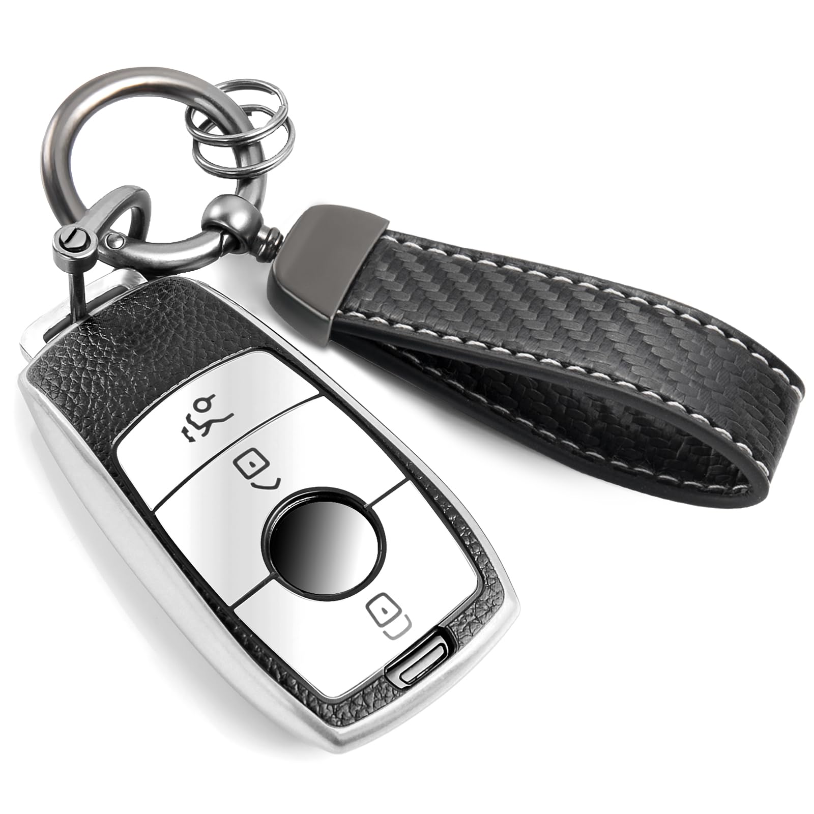 Cadillac Key Fob Cover with Metal Braided Rope Keychain, Upgraded Soft Key Case for 2015-2019 Escalade CTS SRX XT5 ATS STS CT6 (5 Button) (Gold Edge)