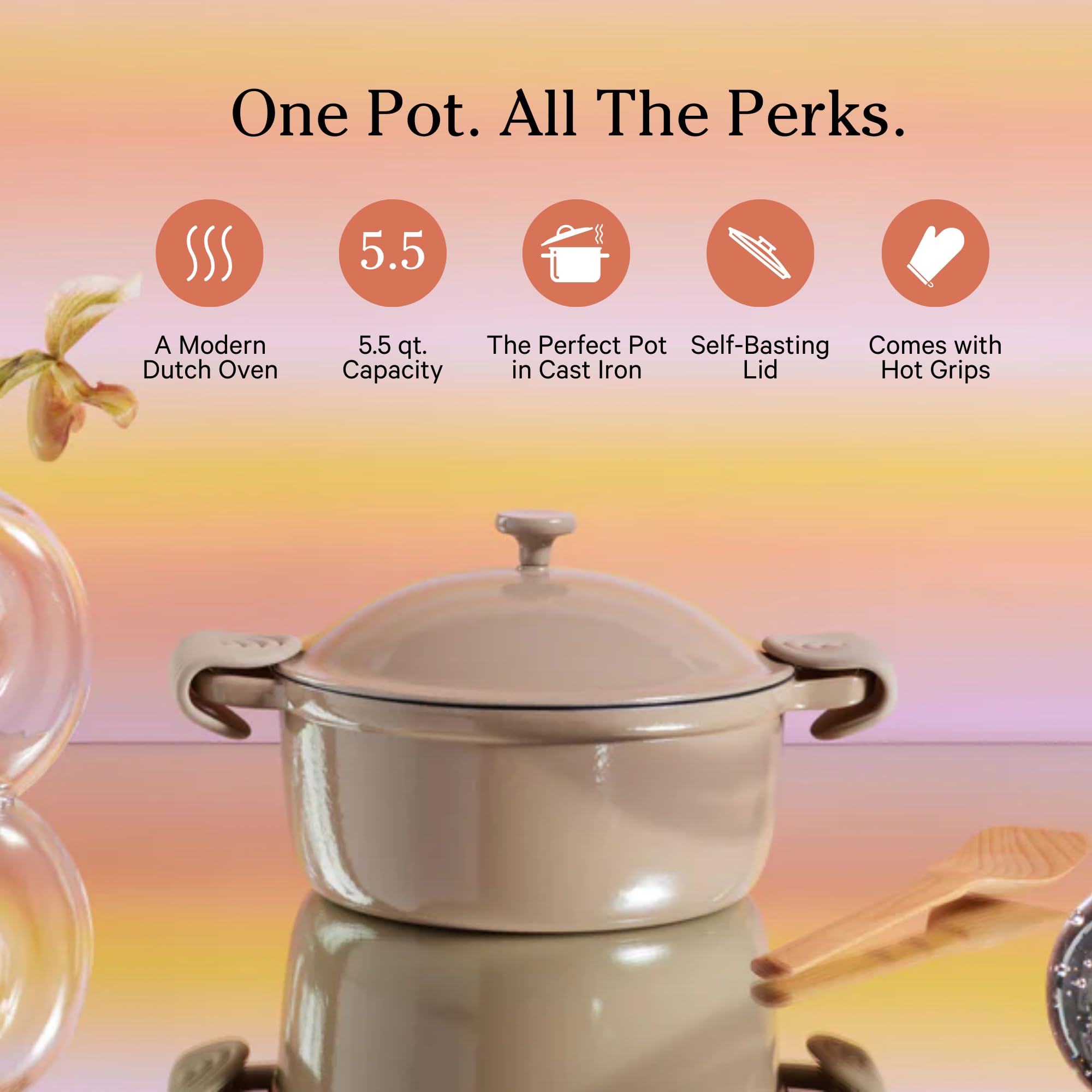 Our Place Cast Iron Perfect Pot | 6-in-1 Multifunctional 5.5 Qt. Toxin-Free Enameled Dutch Oven with Self-Basting Lid | Hot Grips & Beechwood Scraper | Induction Cooktop and Oven Safe | Spice