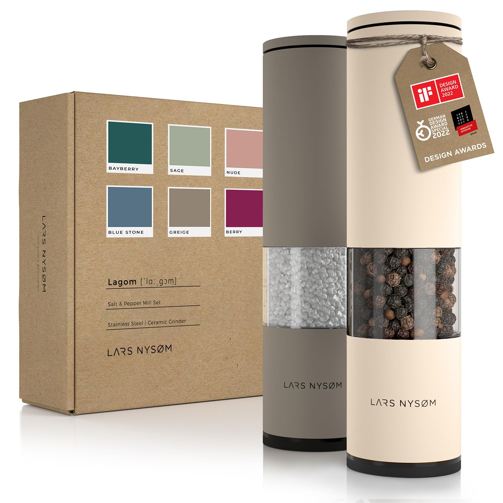 LARS NYSØM Salt and Pepper Mills Set Stainless Steel with Adjustable Ceramic Grinder 2 Pieces I Design Spice Mills Set Manual (Brown/Beige)