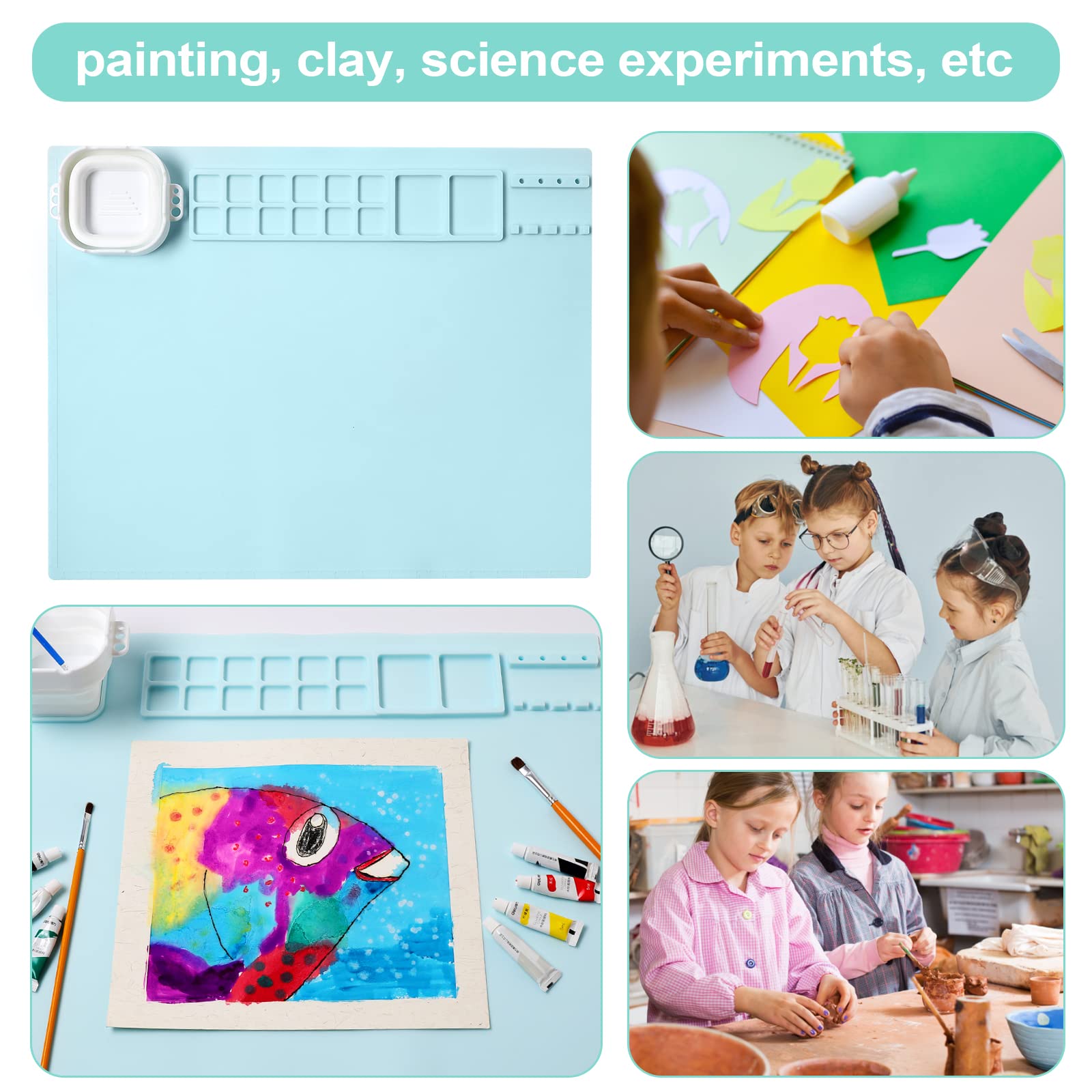 AWOKE Silicone Painting Mat - 20"X16" Silicone Art Mat with 1 Water Cup for Kids - Silcone Craft Mat has12 Color Dividers - 2 Paint Dividers (White)