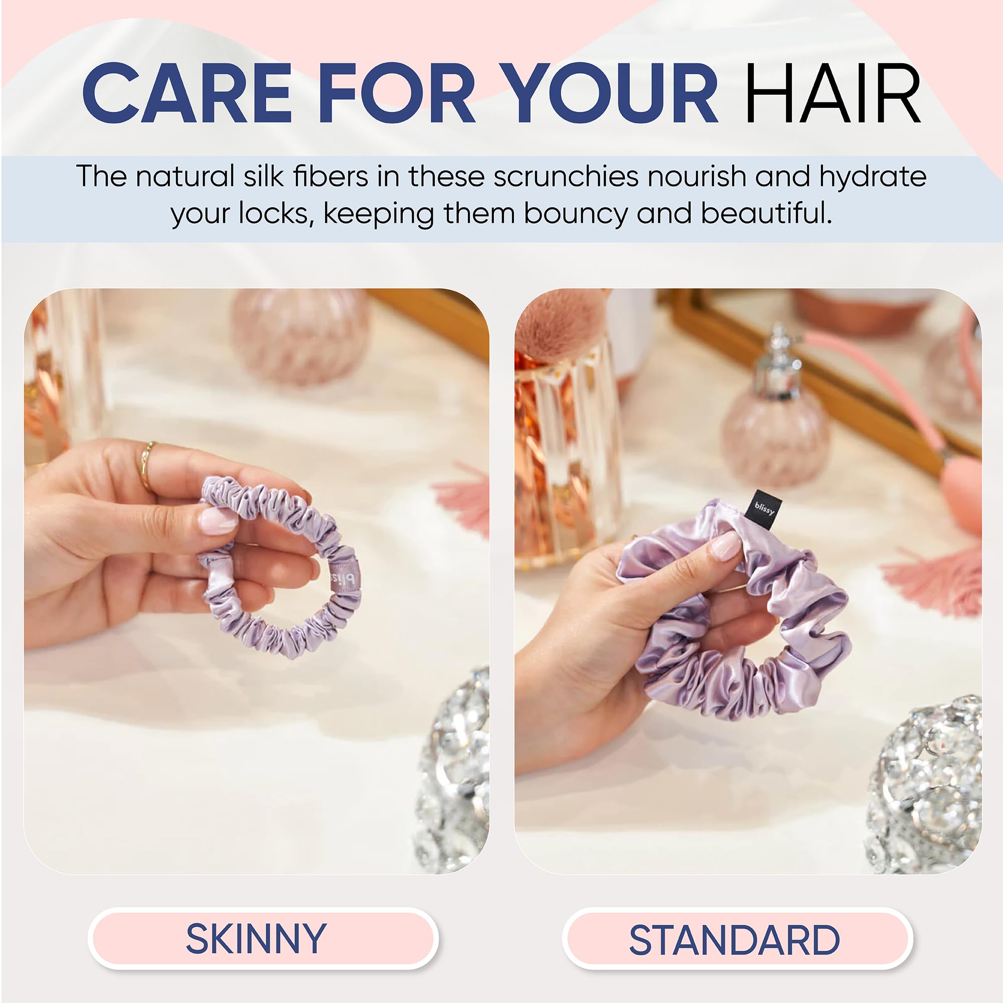 Blissy Silk Scrunchies (3 Pack) - 100% Pure Mulberry Silk - 22 Momme 6A High-Grade Fibers - Silk Scrunchie for Straight & Curly Hair - Preventing Breakage, Tangling, & Creasing (Rose Skinny)