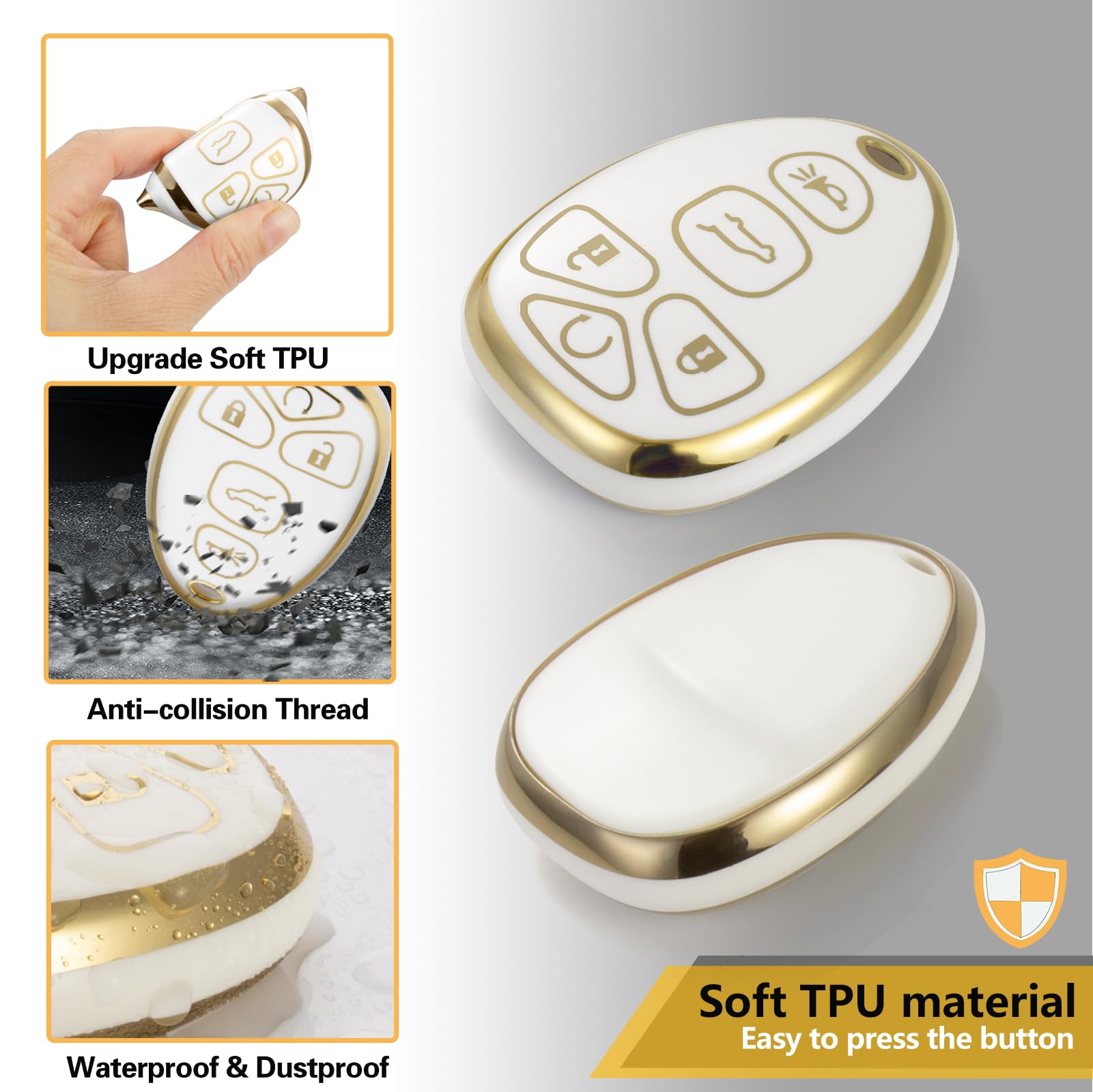 Cadillac Key Fob Cover with Metal Braided Rope Keychain, Upgraded Soft Key Case for 2015-2019 Escalade CTS SRX XT5 ATS STS CT6 (5 Button) (Gold Edge)