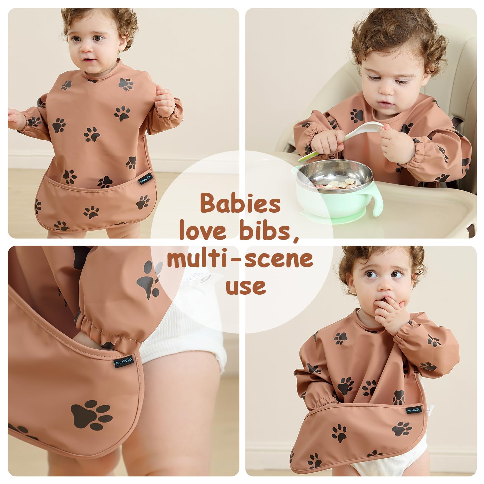 PewinGo Weaning Bib with Long Sleeves & BLW, Soft and Skin-Friendly Material, Coverall Bibs for Baby Feeding, Waterproof and Easy to Clean & Machine Washable, for Baby Infant Toddlers (Pink)