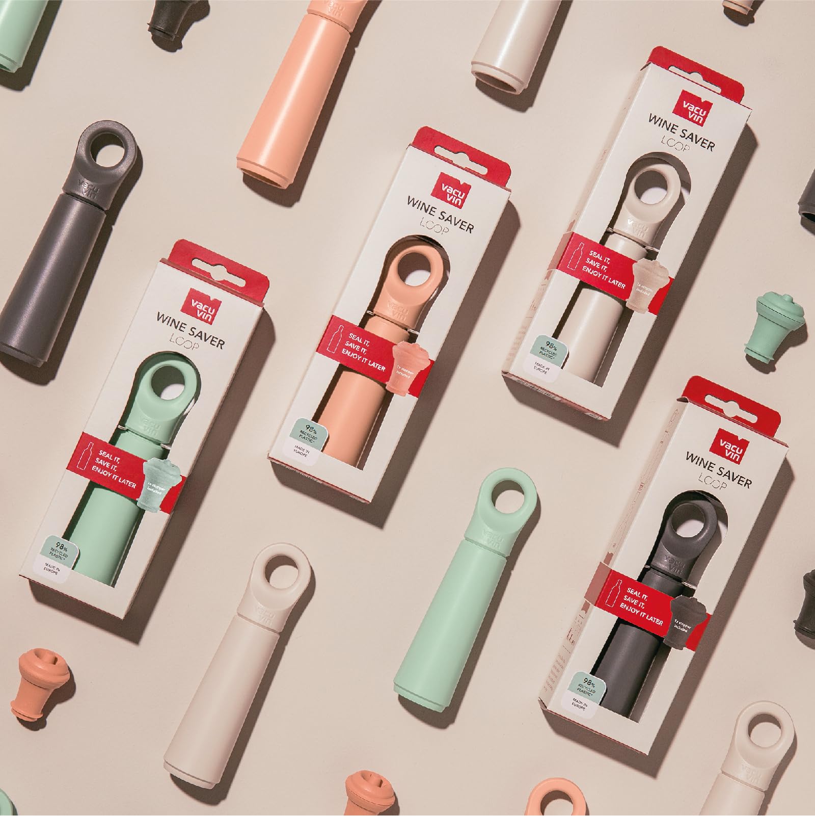 Vacu Vin Wine Saver Loop - Designed and Made in the Netherlands - Vacuum Wine Stopper Keeps Your Wine Fresh for up to 10 Days - Reusable, Made with 98% Recycled Material - 1 Pump, 1 Stopper, Sand