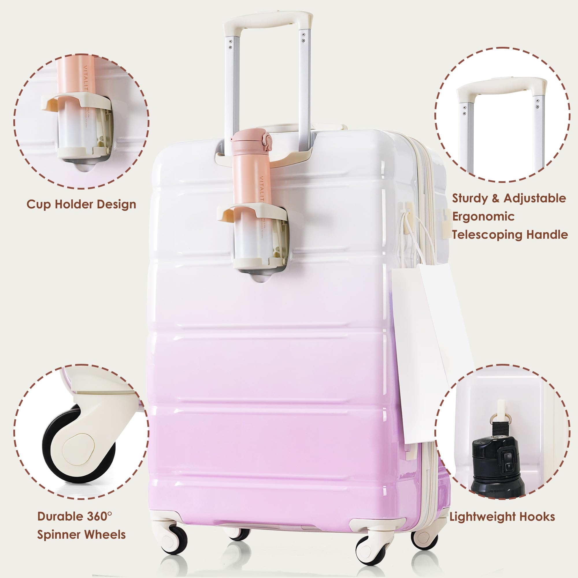 Merax 3 Pcs ABS Hardside Luggage Sets TSA Lock Spinner Wheel Suitcases, Pearly White, 20/24/28 Inch