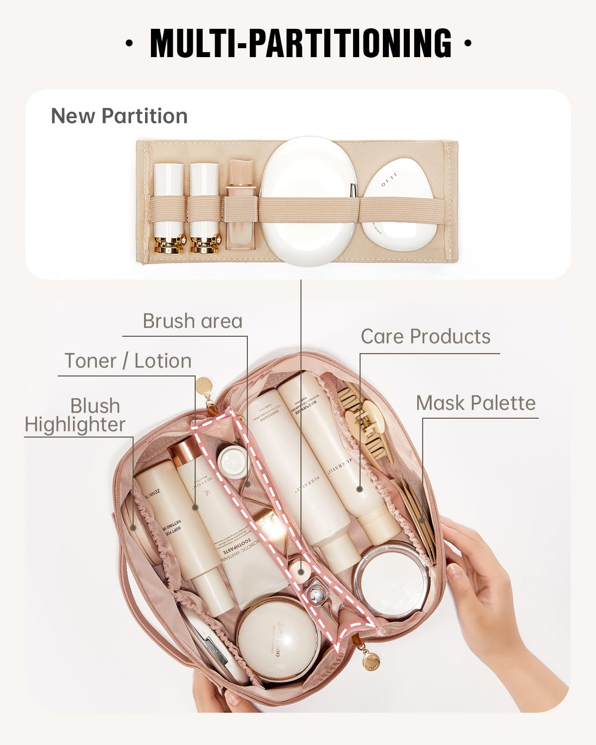 EACHY Travel Makeup Bag,Large Capacity Cosmetic Bags for Women,Waterproof Portable Pouch Open Flat Toiletry Bag Make up Organizer with Divider and Handle