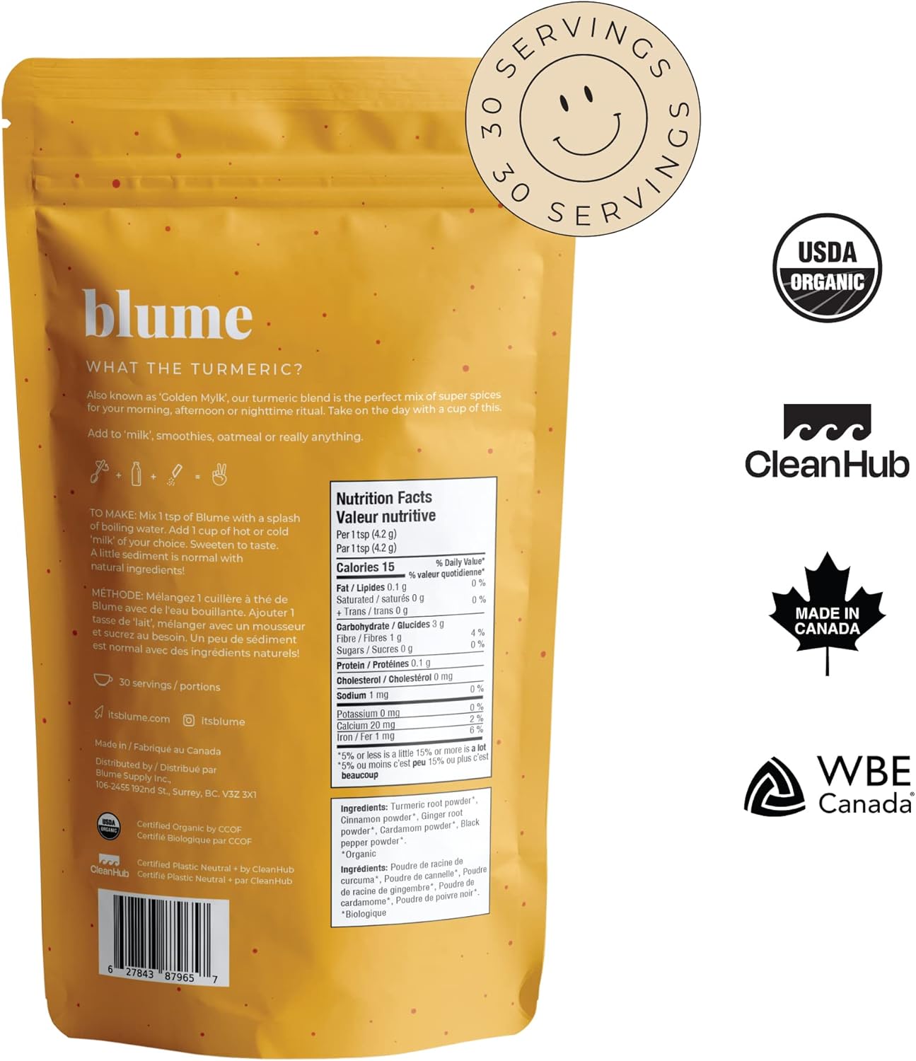 Blume Golden Milk with Turmeric and Ginger - Superfoods Golden Milk Latte Powder - Caffeine, Sugar & Gluten Free - Vegan & Keto Friendly Turmeric Latte - 30 Servings