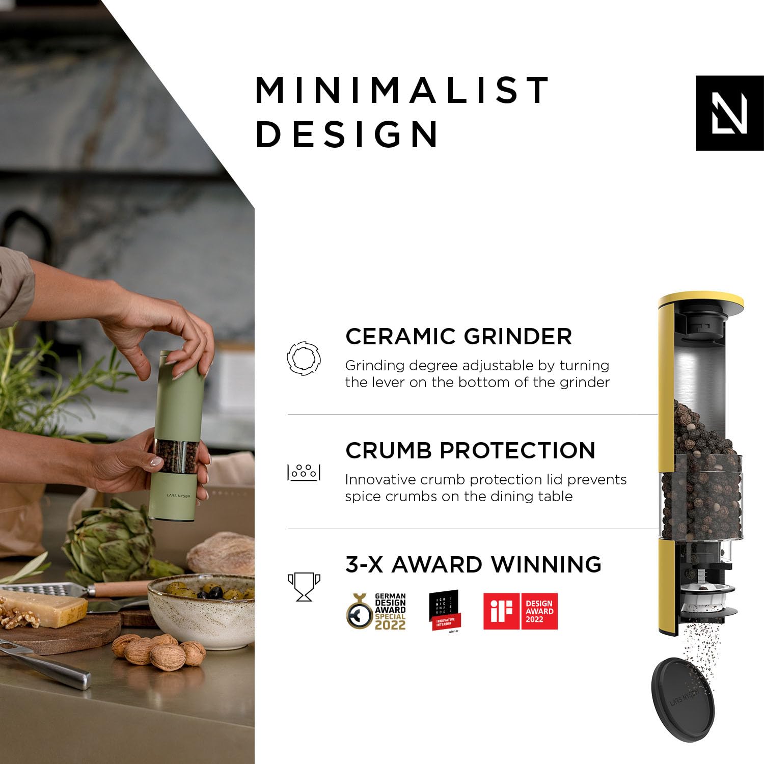 LARS NYSØM Salt and Pepper Mills Set Stainless Steel with Adjustable Ceramic Grinder 2 Pieces I Design Spice Mills Set Manual (Brown/Beige)