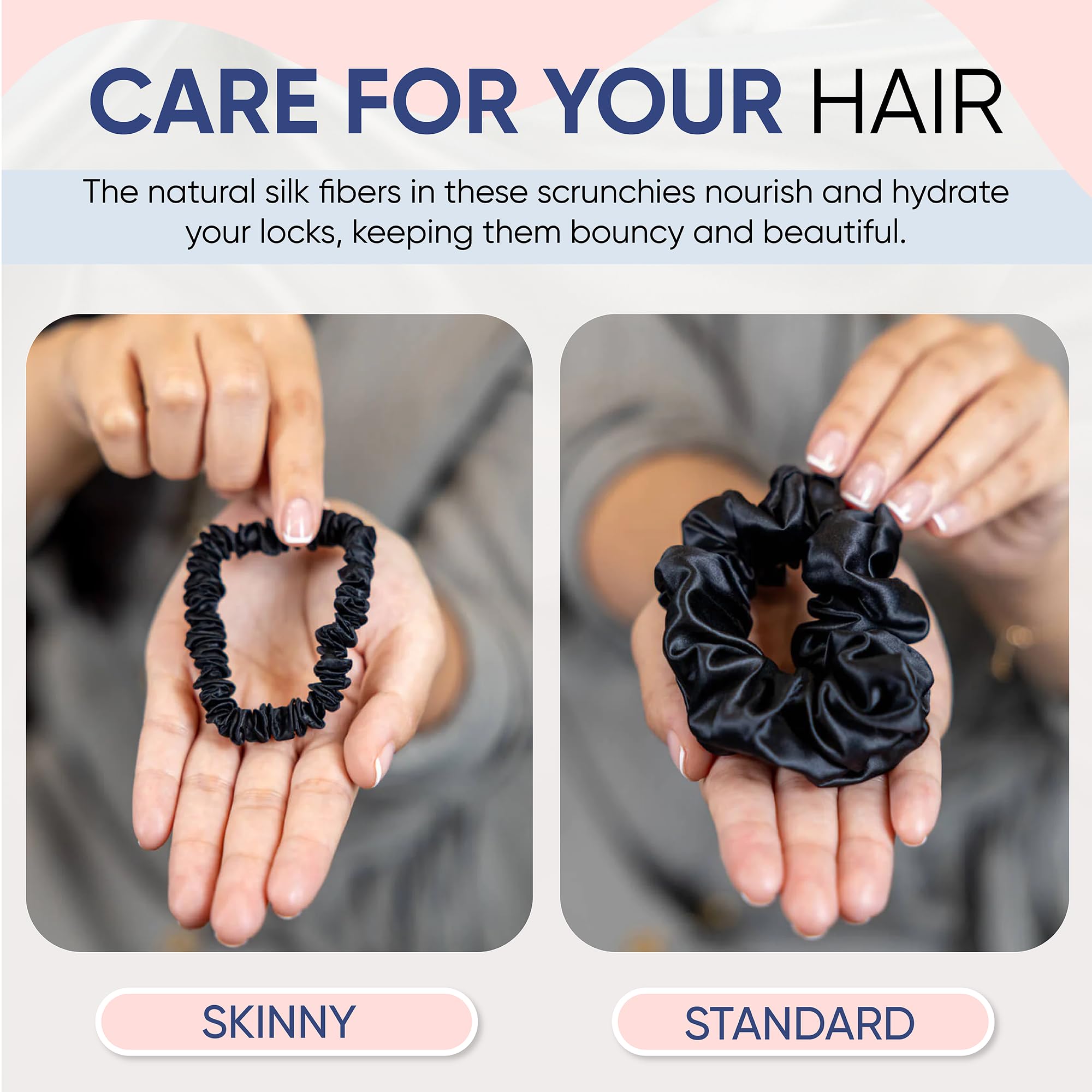 Blissy Silk Scrunchies (3 Pack) - 100% Pure Mulberry Silk - 22 Momme 6A High-Grade Fibers - Silk Scrunchie for Straight & Curly Hair - Preventing Breakage, Tangling, & Creasing (Black Skinny)