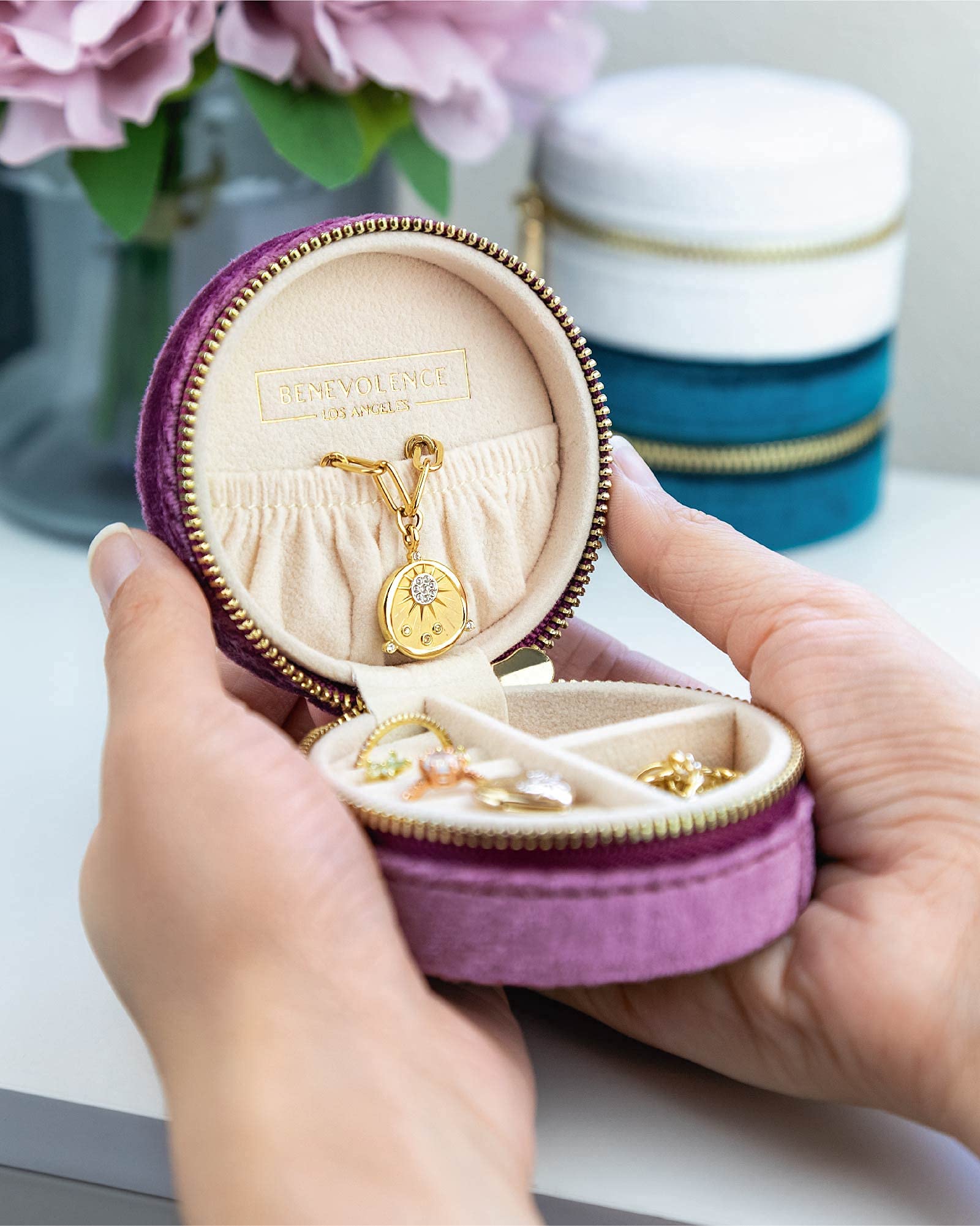 Benevolence LA Plush Velvet Travel Jewelry Storage Box | Travel Jewelry Case Small Jewelry Box for Women | Jewelry Travel Organizer | Earring Organizer with Mirror - Dusty Pink