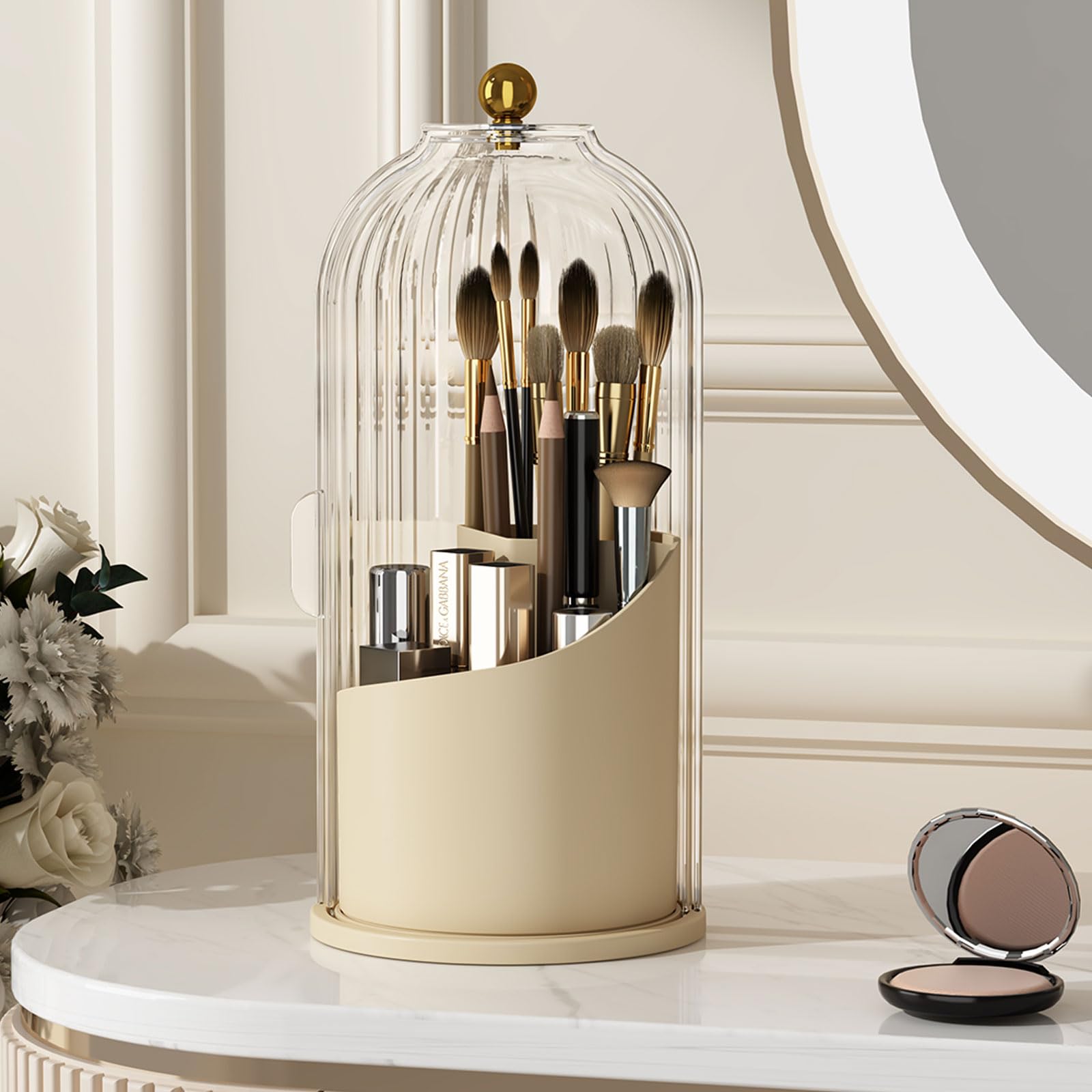 Makeup Brush Holder Organizer with Lid,360 Rotating Clear Dustproof Makeup Brushes Organizer for Vanity Desktop Bathroom Countertop (Transparent)