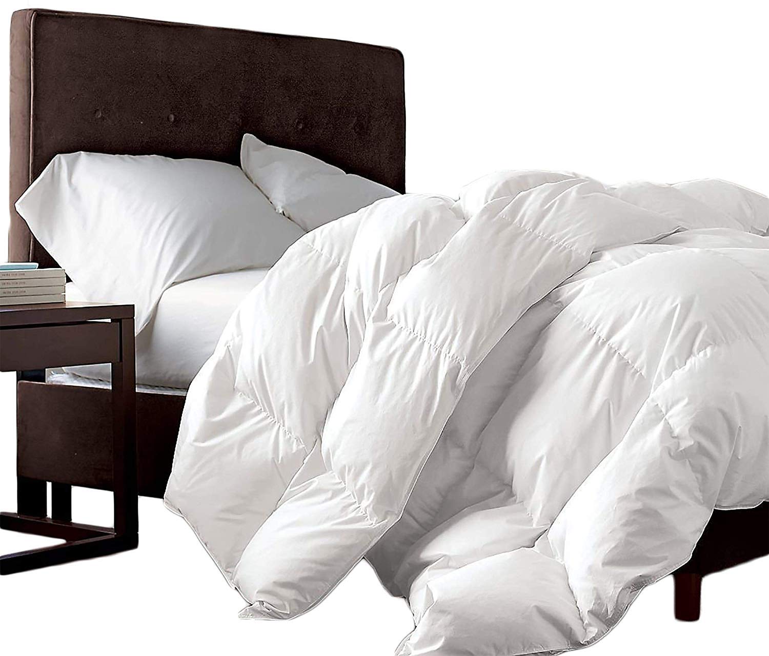 Luxurious Queen Size Goose Down Fiber Waterfowl Feather Fiber Comforter Duvet, 100% Egyptian Cotton Cover, 48 oz. Fill Weight, Baffle Box Design, White Solid